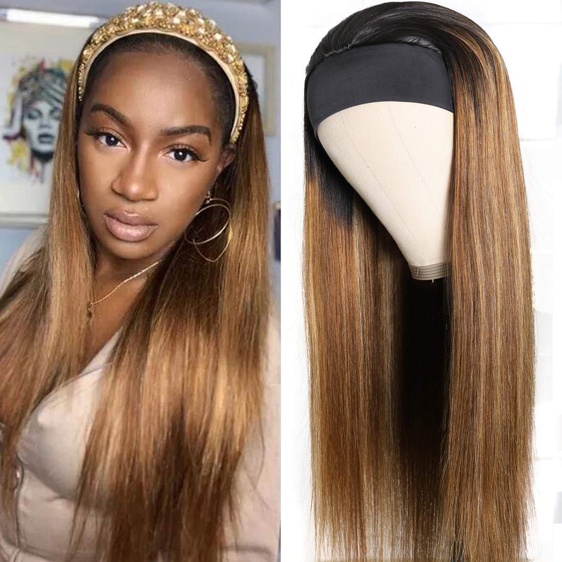 Headband Wig for Black Women - Straight Human Hair Wigs with No Lace Front | Brazilian Virgin Hair Machine Made Wigs OT30 (26 Inches) - Perfect for Daily Wear, Parties & Special Occasions