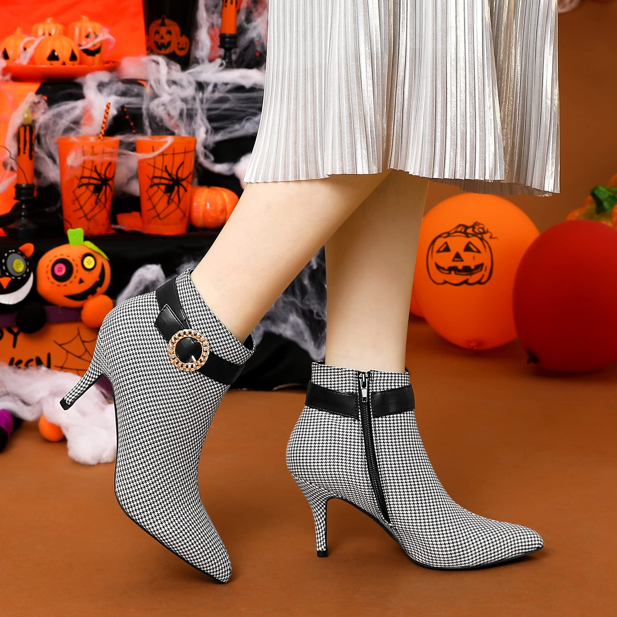 Allegra K Women's Stylish Buckle Plaid Stiletto Heel Houndstooth Ankle Boots for Office, Party & Night Out - Fashionable High Heel Booties for Women