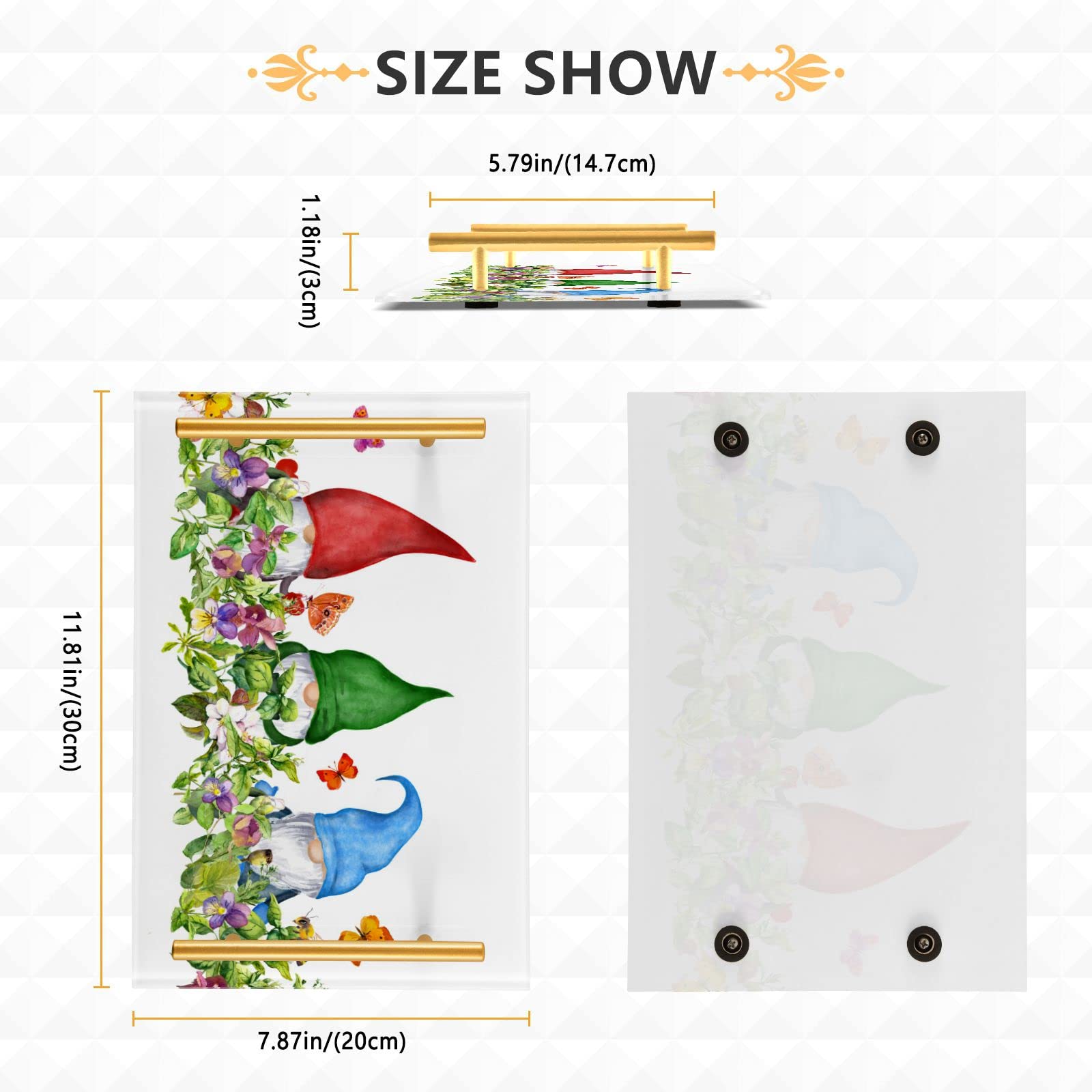 Gnomes in Flowers Decorative Vanity Tray with Handles - Bathroom Counter Organizer for Makeup, Jewelry & Essentials - Perfect for Farmhouse, Bedroom & Kitchen Storage