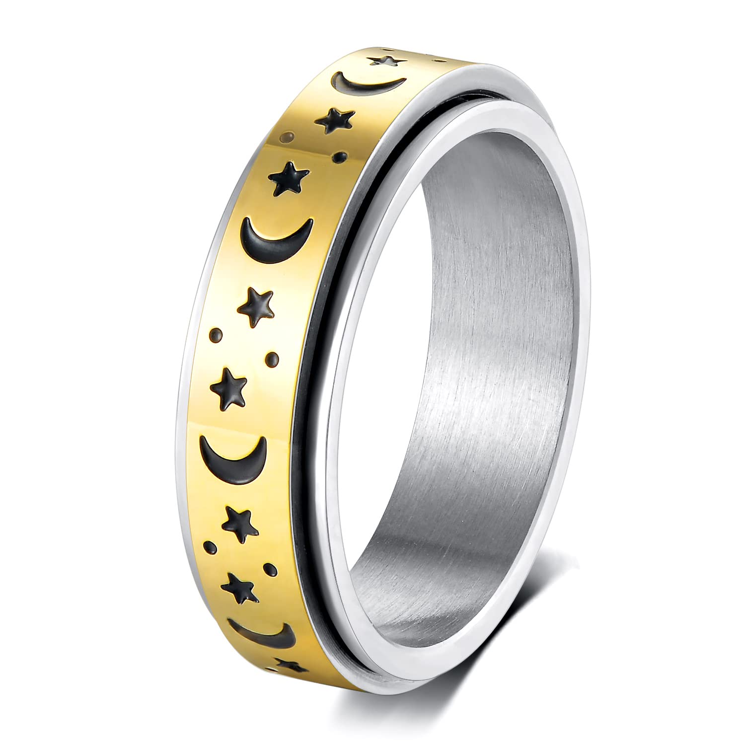 18K Gold Plated 6mm Spinner Anxiety Ring for Women & Men - Moon Star Titanium Steel Fidget Ring (Size 6-11) - Stress Relief & Focus Aid for Work, Study & Anxiety Management - Perfect for Office, Classroom & Daily Wear - Great for ADHD, Meditation and Relaxation Therapy - Ideal for Office Workers, Students, and Stress Relief at Home