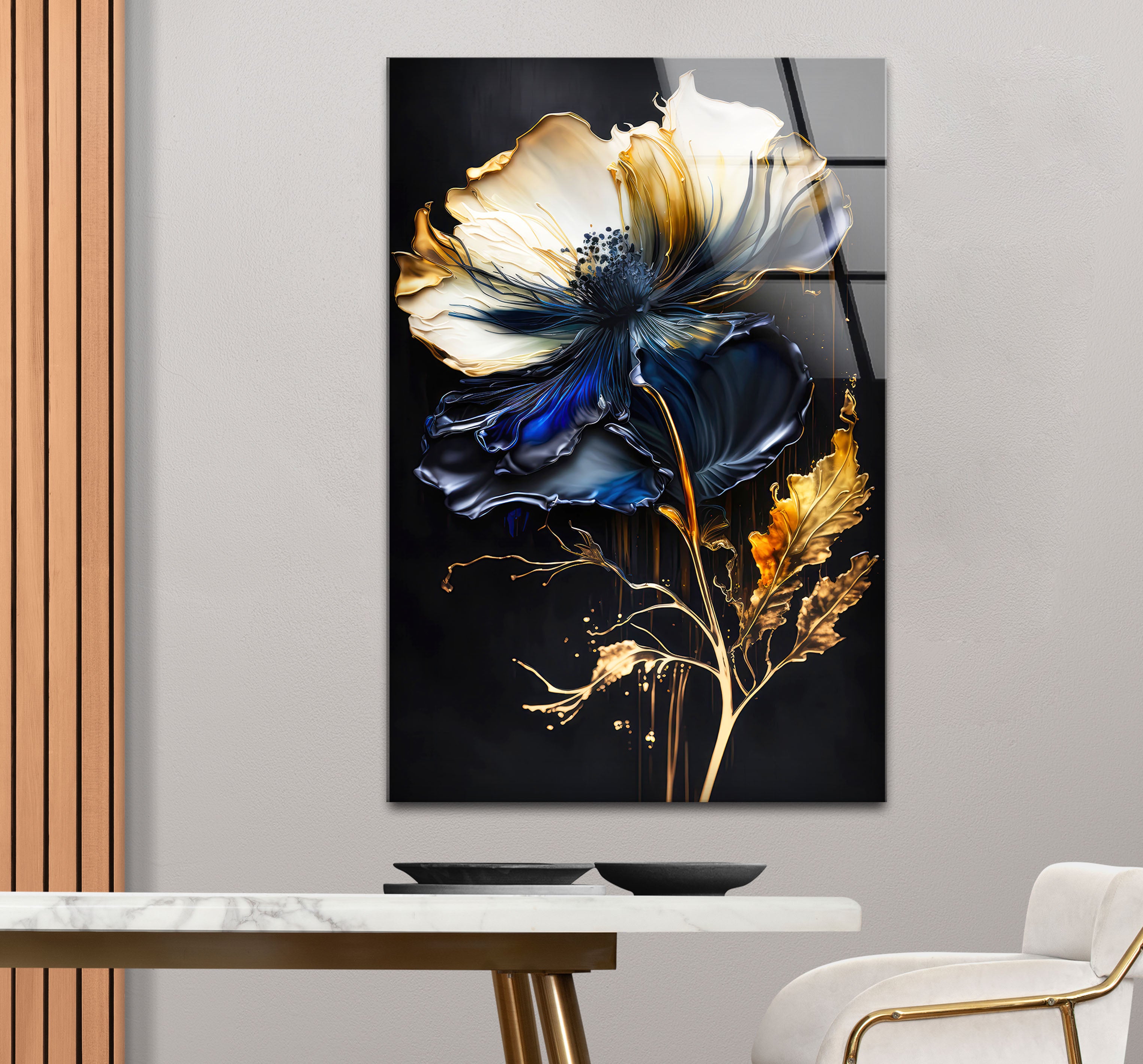 Blue and Gold Floral Wall Art - Elegant Dark Botanical Glass Print for Modern Luxury Home Decor | Perfect for Living Room, Bedroom & Office Wall Decor