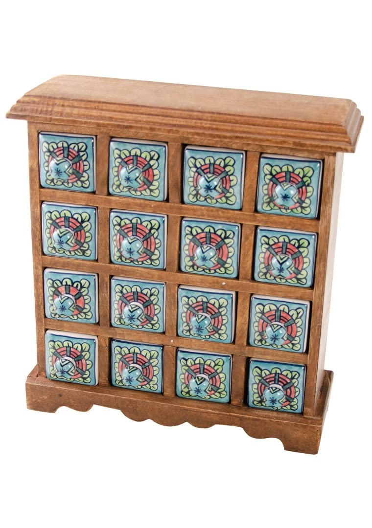 Hand-Painted Indian Ceramic Storage Chest - 16 Drawer Fair Trade Mangowood Jewelry Box (33cm) - Perfect for Jewelry Organization, Home Decor & Gift Giving