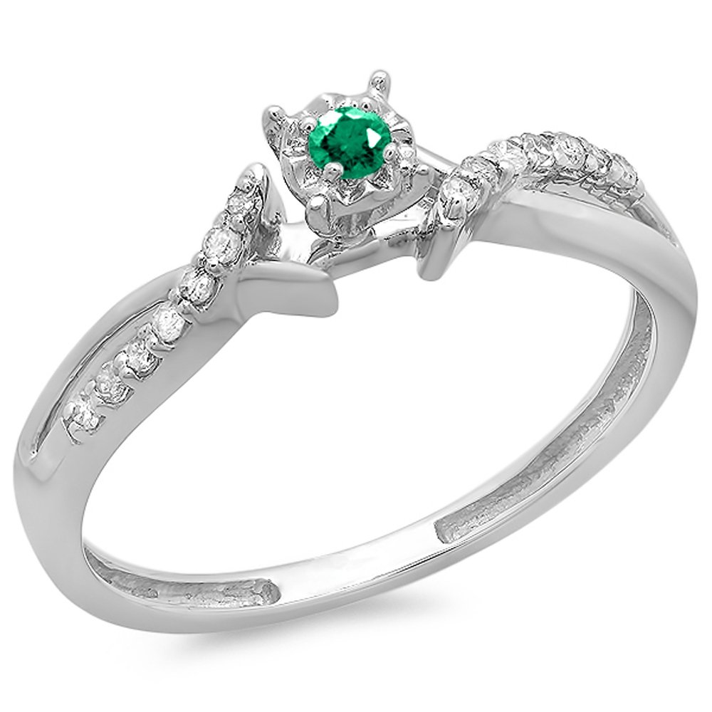 Dazzlingrock Collection 10K Solid White Gold Emerald & White Diamond Crossover Split Shank Promise Ring for Women - Perfect for Anniversaries, Engagements & Special Occasions