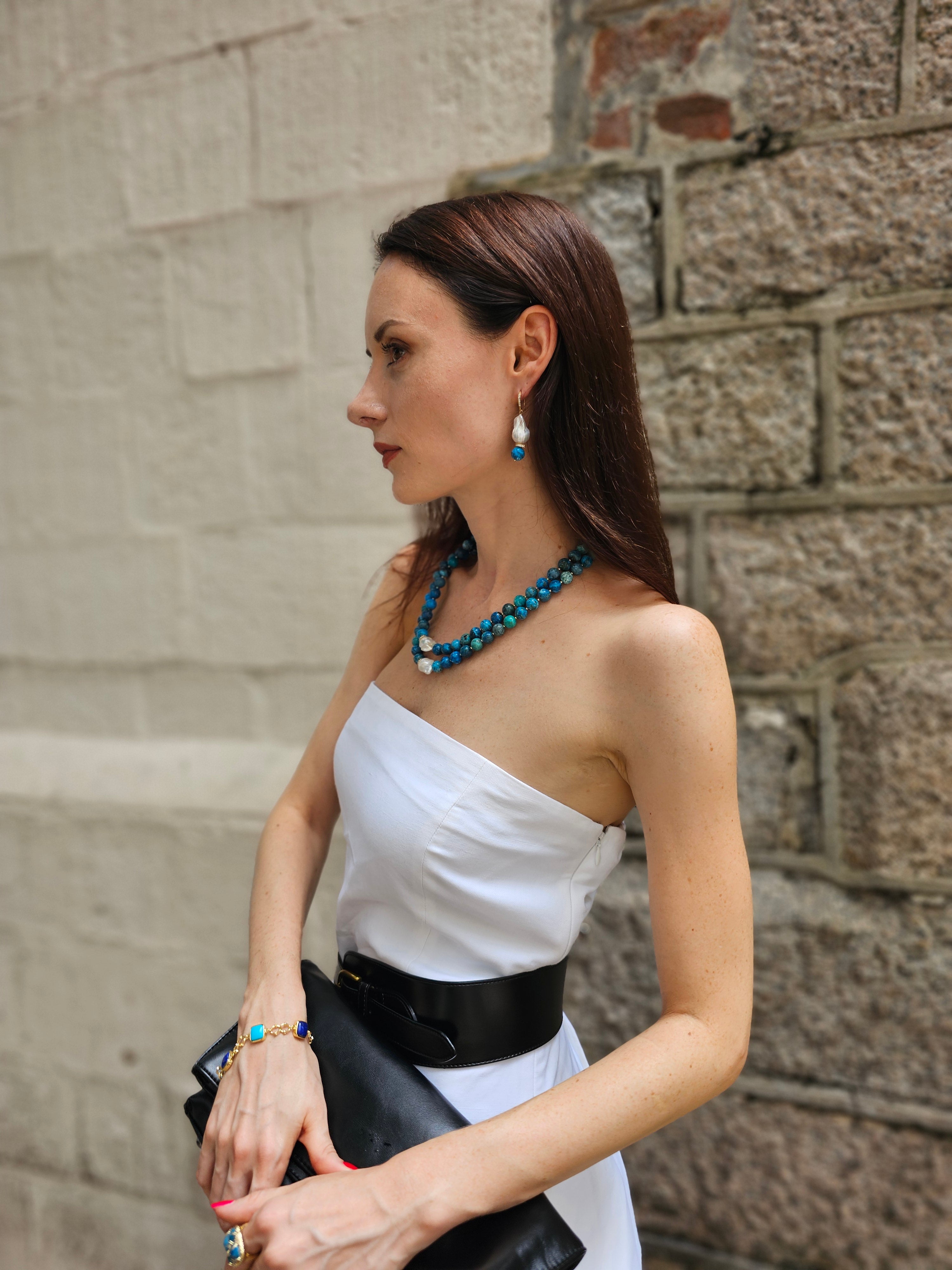 Exquisite Baroque Pearls with Blue Gemstone Earrings NE041 - Elegant Dangle Earrings for Women, Perfect for Weddings, Parties & Special Occasions