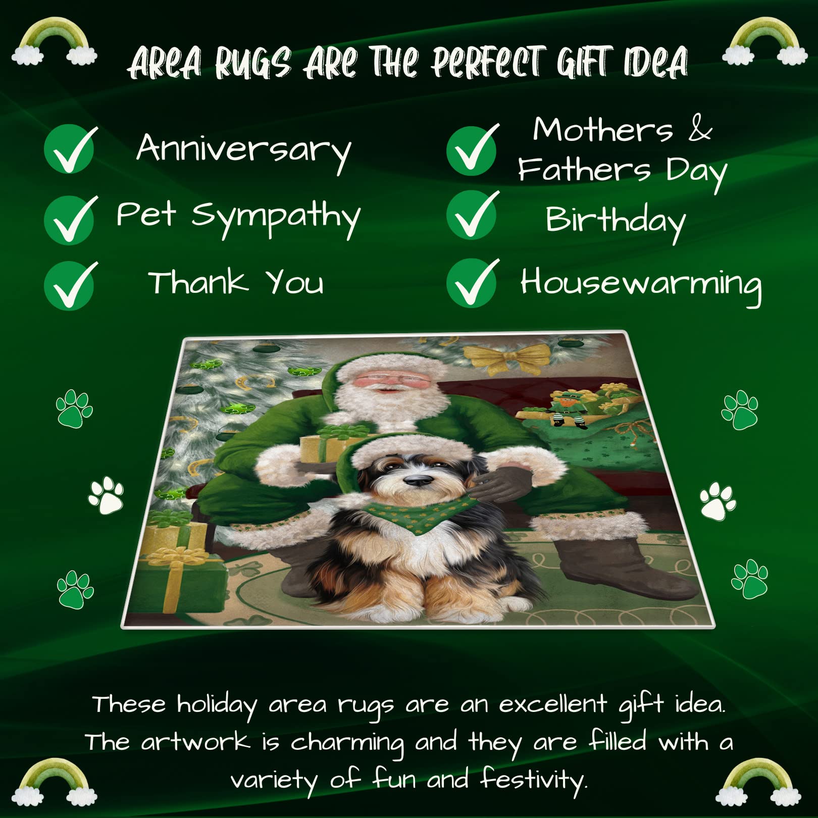Christmas Irish Santa with Gift and Bernedoodle Dog Area Rug - Ultra Soft Cute Pet Printed Floor Carpet - Unique Style Decorative Rug for Dog Lovers - Perfect for Living Room, Bedroom, or Pet Play Area - 10'x3'3'' Indoor Gift