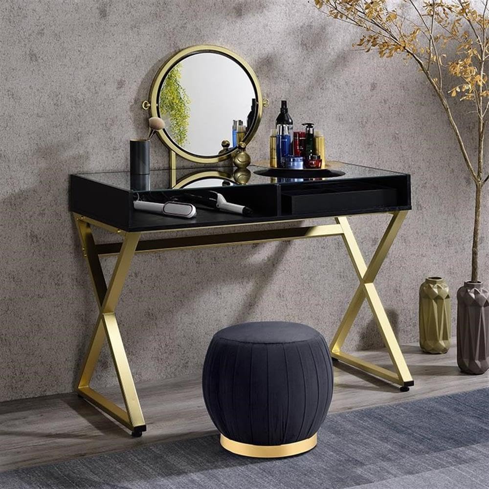 Acme Coleen Black & Gold Glass Top Vanity Desk with Jewelry Tray - Perfect for Makeup, Dressing Table & Jewelry Organization in Bedroom