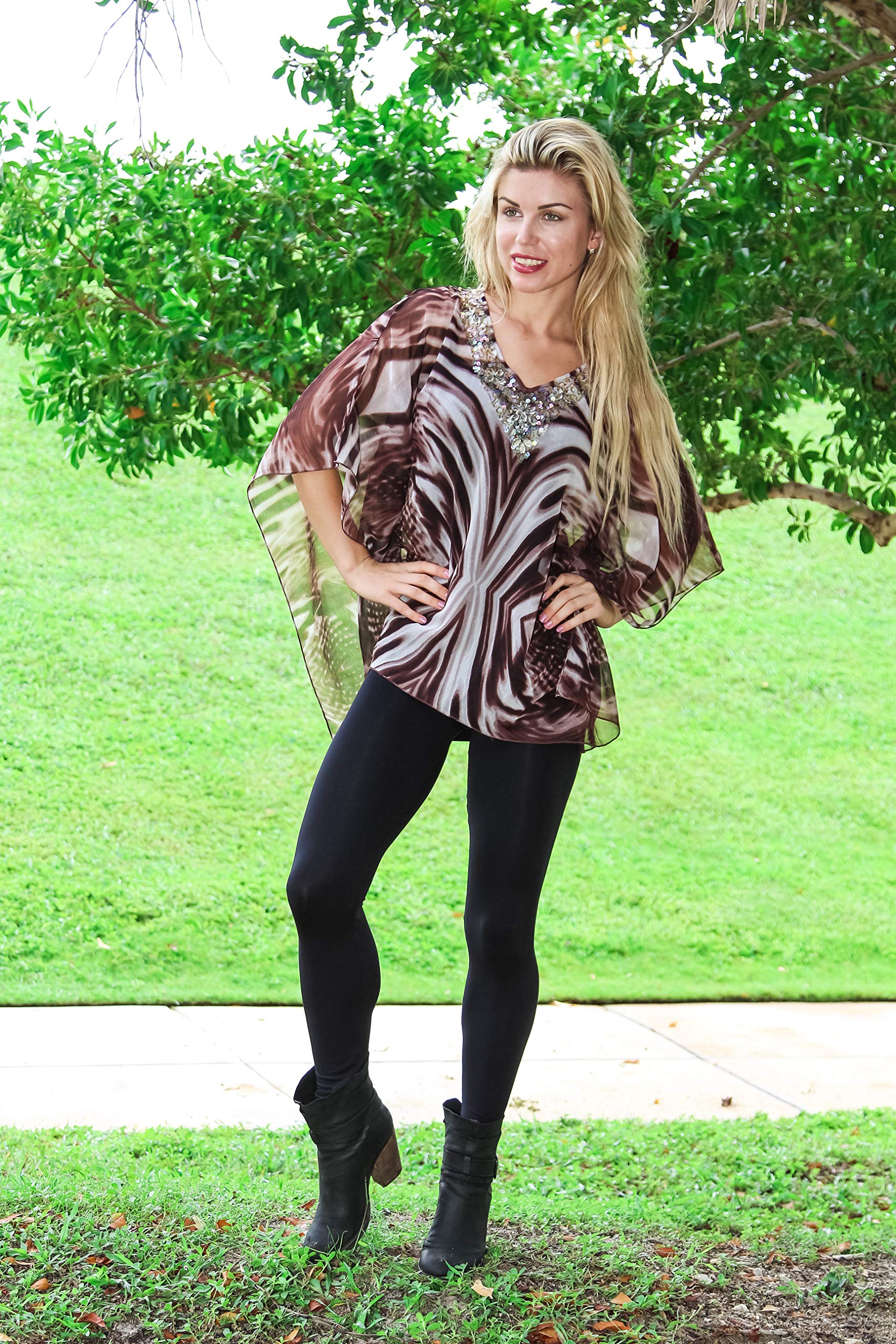 GOGA Swimwear Brown Animal Print Sheer Kaftan - Beach Cover Up, Poncho, Caftan for Women - Lightweight Swimwear Cover Up for Pool, Vacation & Summer Outfits
