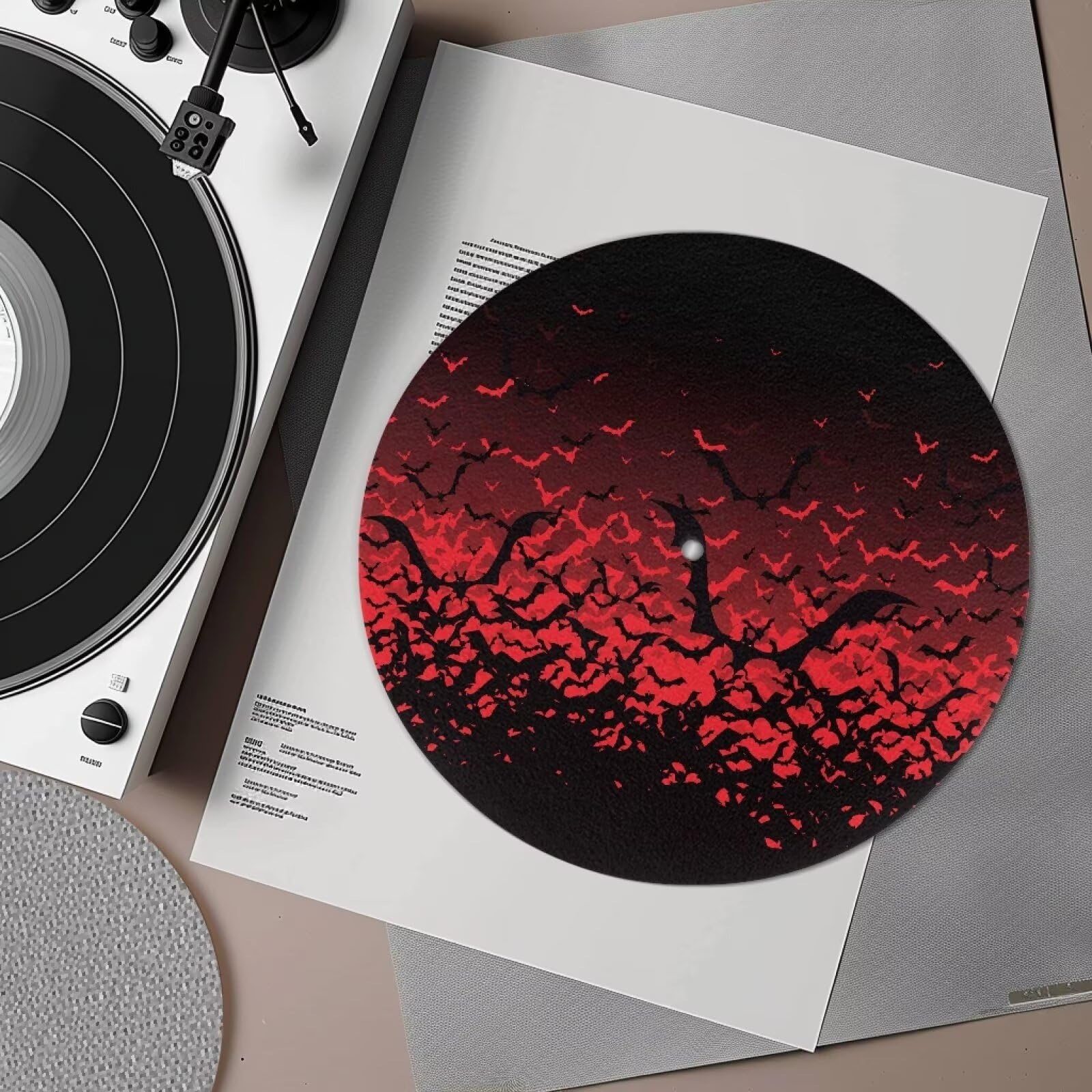 Halloween Bats Red Slipmat - Anti-Static & Anti-Slip Turntable Mat for Vinyl Record Players - Large Rubber Turntable Accessory for DJs & Music Lovers - Perfect for Halloween Parties & Music Studio Decor