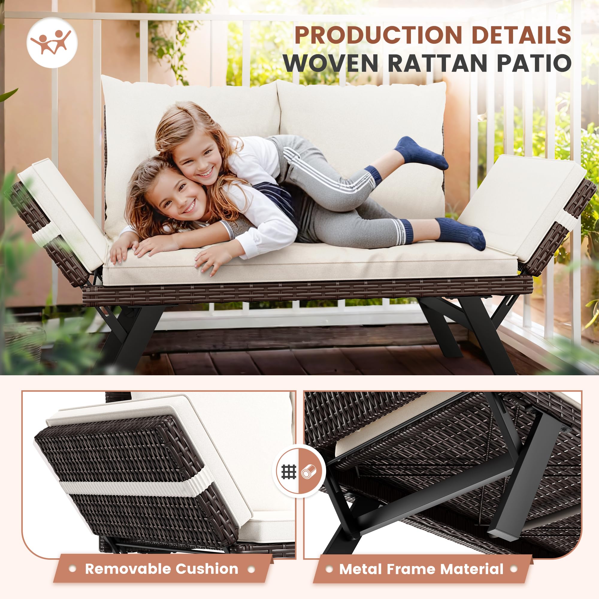 Outdoor Convertible Sofa Bed - Adjustable Rattan Woven Sun Lounger with Removable Cushions & Pillows - Patio, Poolside, Garden Furniture for Relaxation (Brown Frame & Beige Cushions) | Perfect for Backyard, Deck, Beach House or Vacation Rental