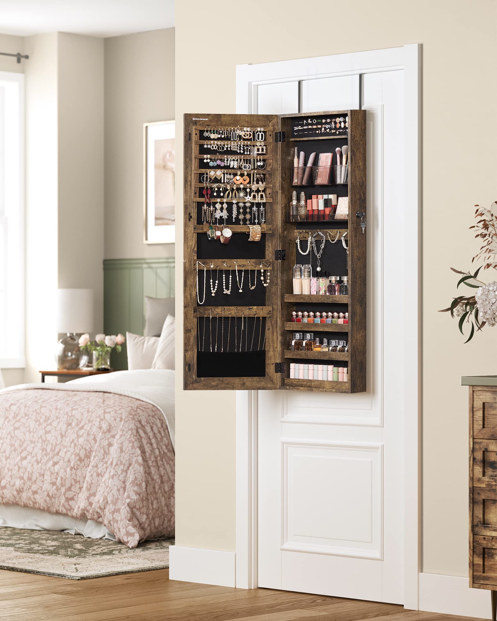 SONGMICS Jewelry Armoire Cabinet with Lock, Wall-Mounted Jewelry Organizer with 2 Cosmetic Trays & Full-Length Mirror, Textured Brown UJJC001X01 - Perfect for Bedroom, Closet & Dressing Room Organization