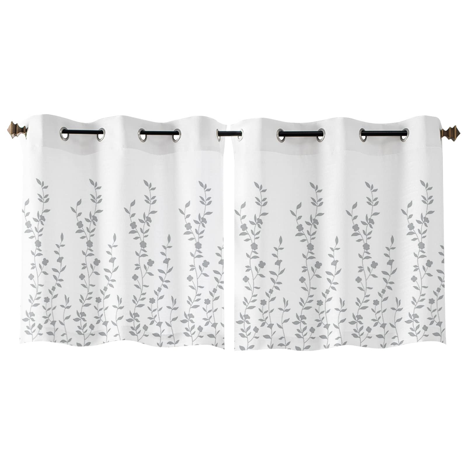 White Grey Floral Window Curtains 45 Inch Length - 2 Panel Grommet Kitchen Cafe Drapes for Living Room, Bedroom & Laundry Room | Summer Flower Plant Design Window Treatment for Home Decor
