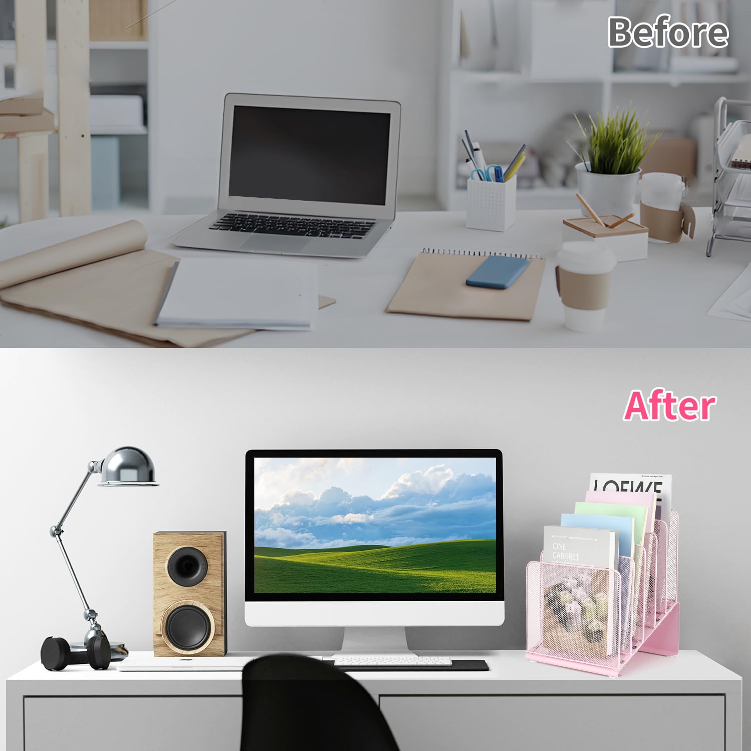 5-Section Vertical File Organizer for Desk - Pink Desk Accessory & Workspace Organizer for Office, Home, School | File Folder Holder, Document Storage, Mail Sorter