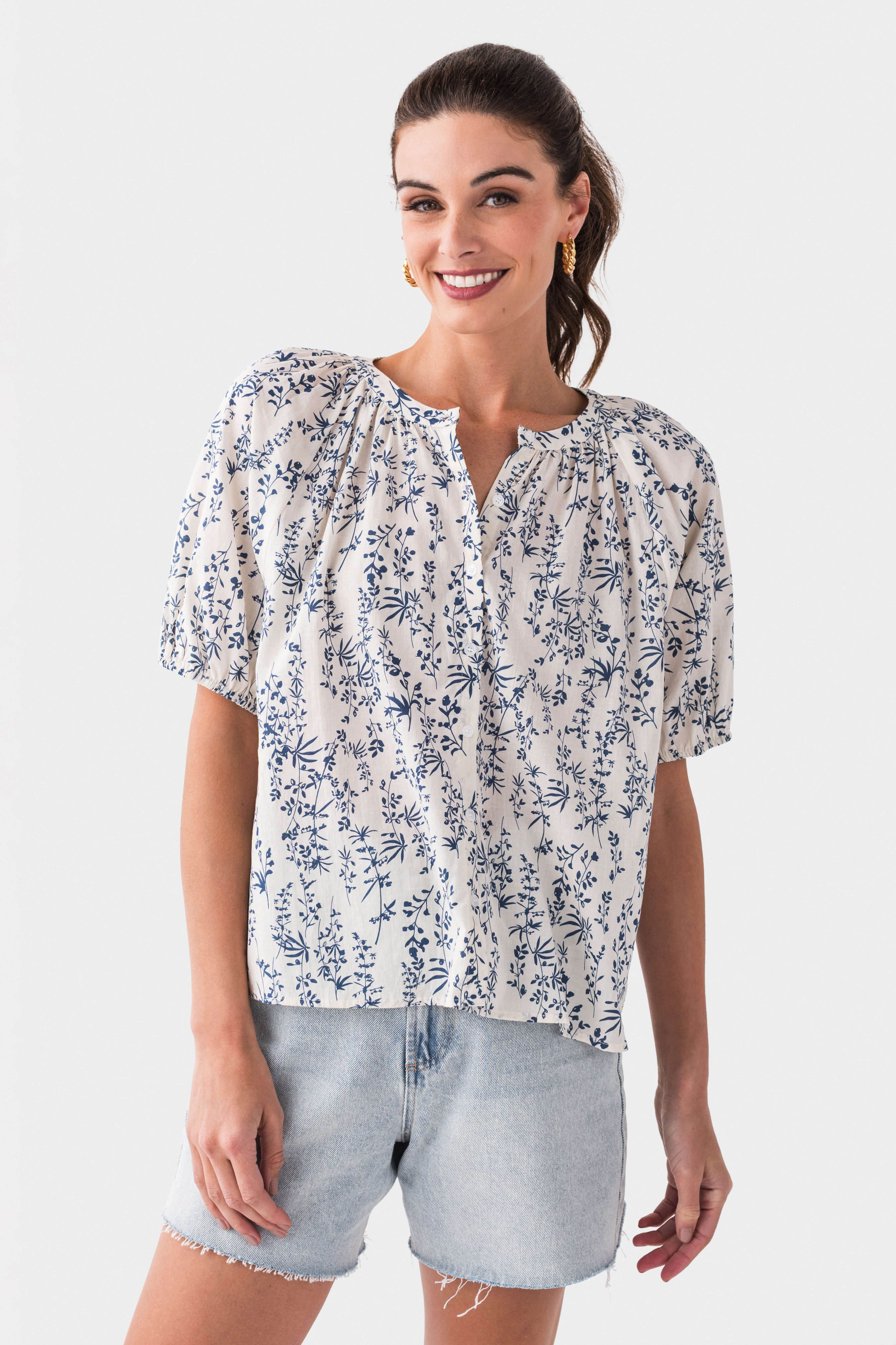 Stylish Botanical Print Raglan Button Front Top for Women - Casual Floral Blouse for Spring & Summer Outfits | Perfect for Office, Dates & Weekend Wear