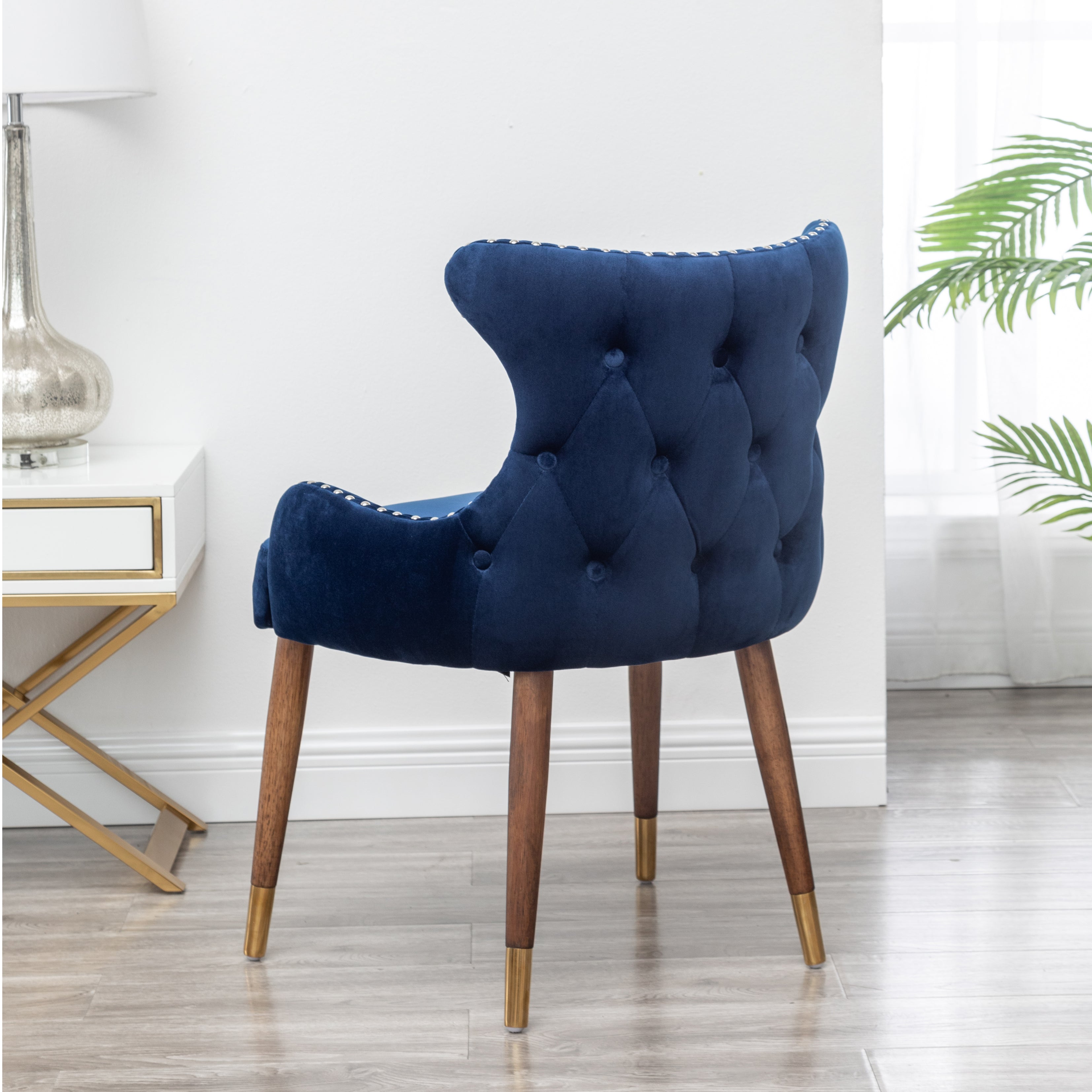 Roundhill Furniture Lindale Contemporary Velvet Upholstered Accent Chair with Nailhead Trim - Navy Blue Velvet Living Room Chair for Bedroom, Office & Lounge Decor