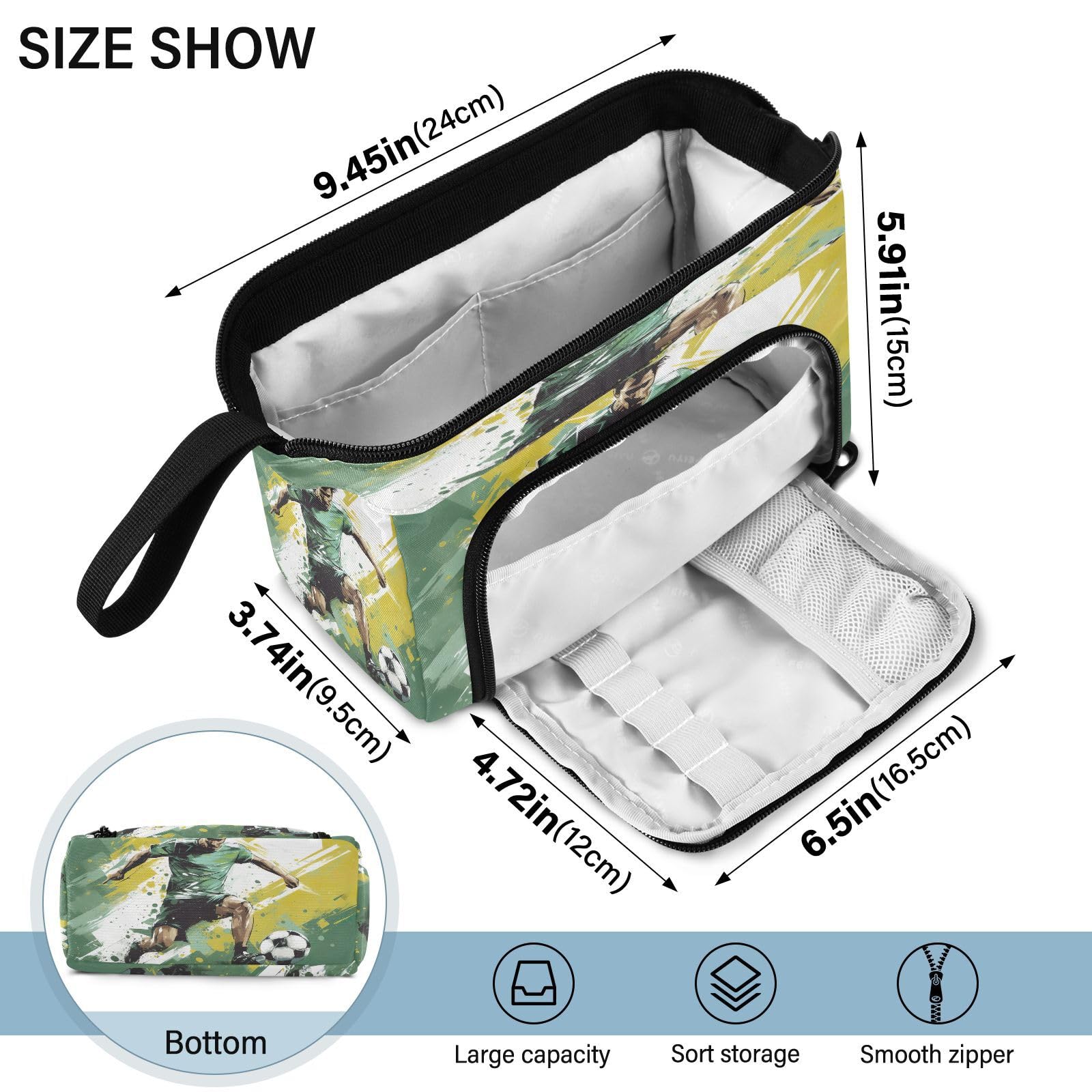 **Yellow Green Large Capacity Football Player Pencil Case - Portable Pen Organizer with Compartments for School, Office & Travel - Aesthetic Stationery Pouch for Boys, Girls, Teens & Adults**
