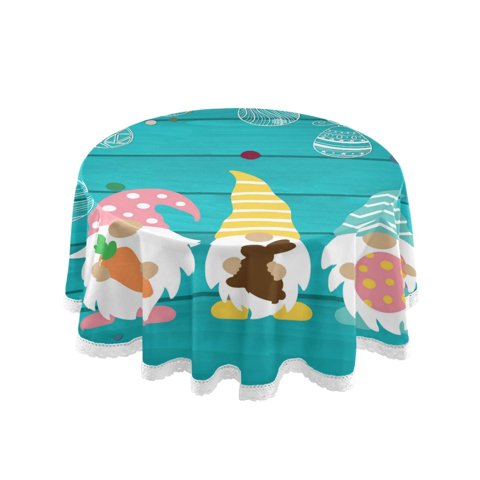 Easter Gnomes Eggs Round Tablecloth - 60 Inch Washable Polyester Spring Table Cover with Floral Design for Kitchen, Party, Picnic, Dining Decor - Perfect for Easter Celebrations and Seasonal Home Decoration