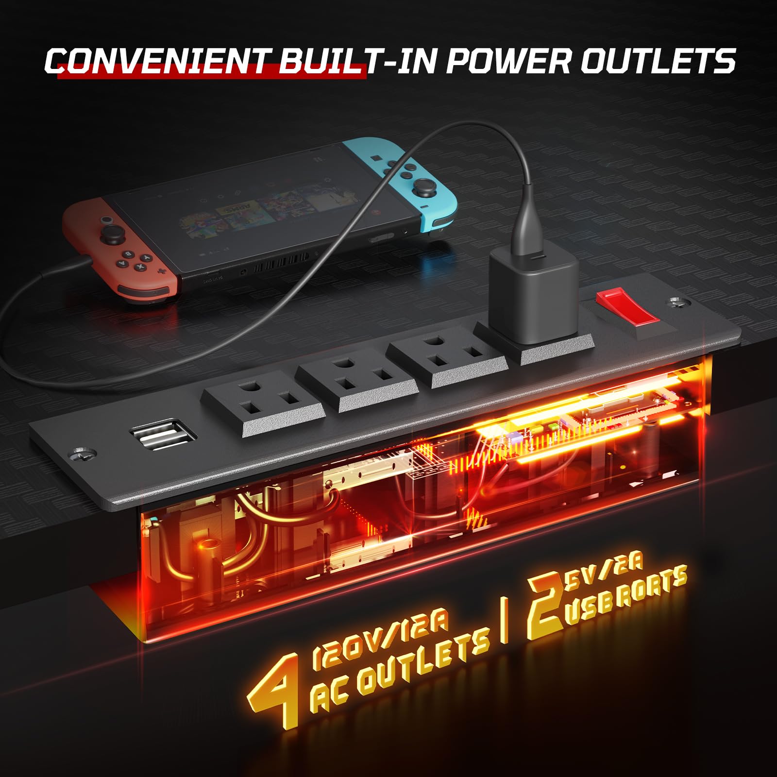 Bestier 44 Inch Gaming Desk with Power Outlets & LED Lights - 4-Tier Reversible Shelves, Headset Hook & Side Storage Bag - Ergonomic PC Gaming Table for Bedroom (Black 3D Carbon Fiber) - Perfect for Esports, Streaming & Home Office Setup