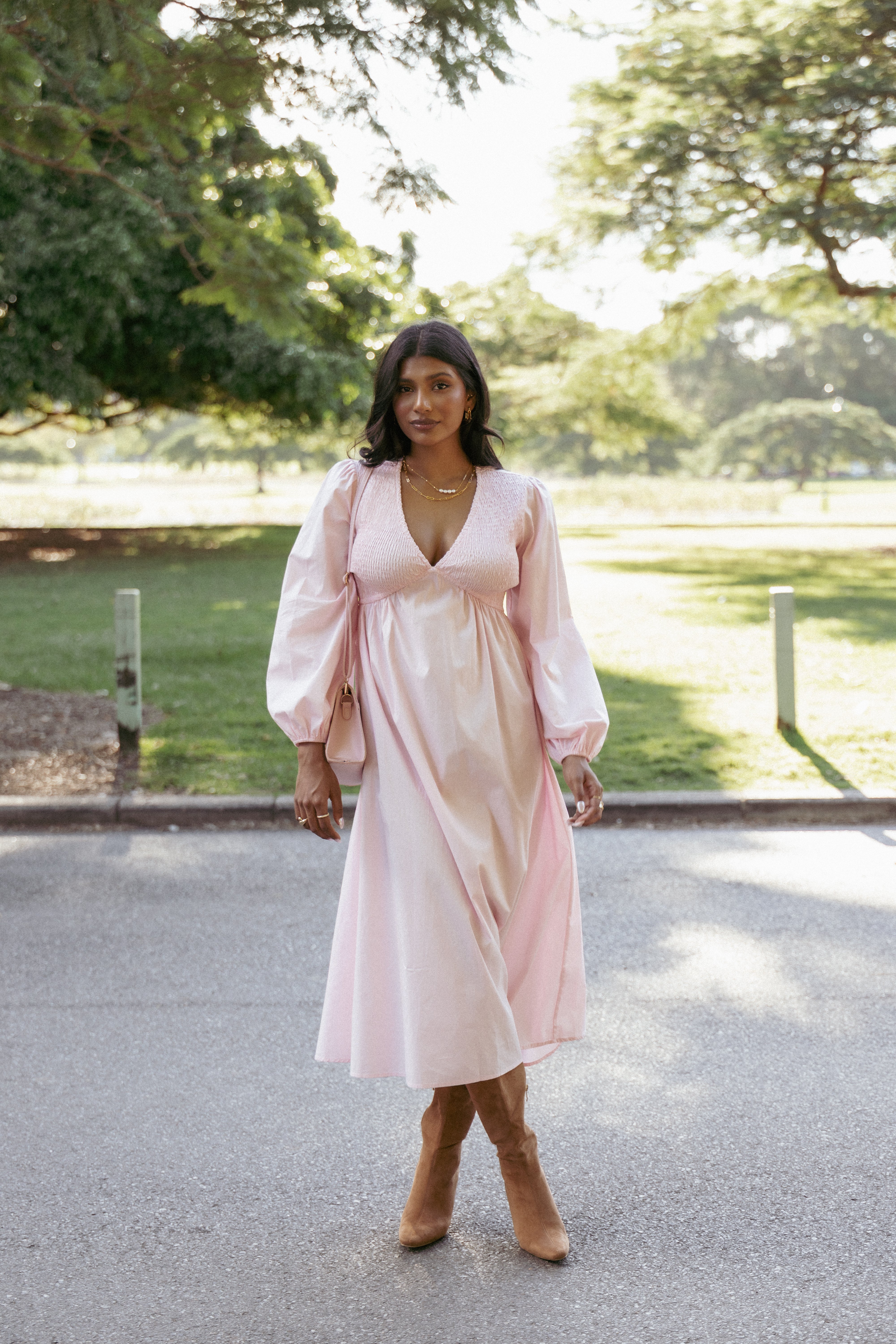Ilyana Long Sleeve Maxi Dress for Women - Elegant Pink Flowy Formal Gown for Weddings, Parties & Special Occasions