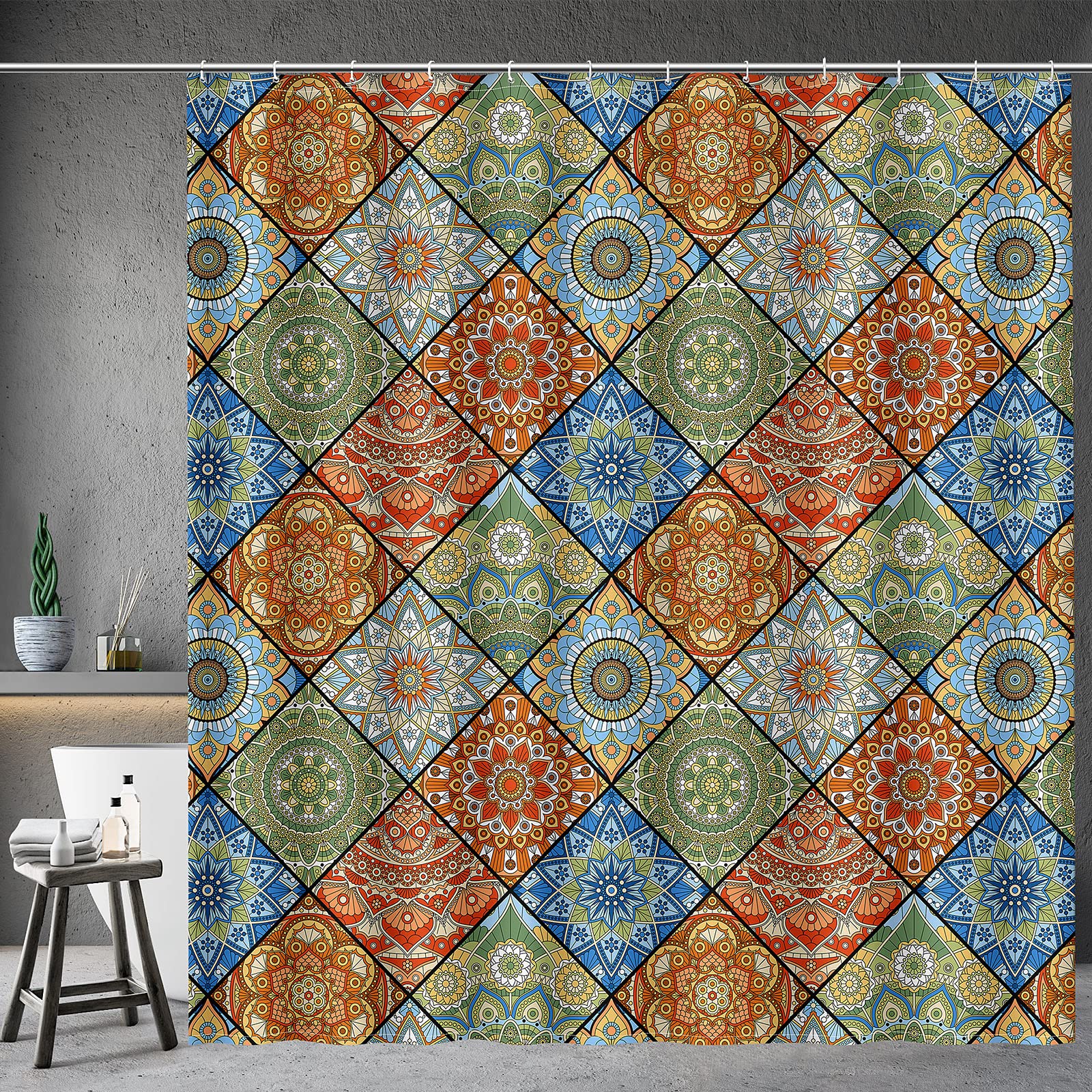 Boho Shower Curtains with Colorful Mandala Rhombus Pattern - Modern Bohemian Chic Bathroom Decor Set Includes 12 Hooks - 72x72 Inch Waterproof Bathtub Curtain for Spa, Guest Bathroom or Master Bath Decor