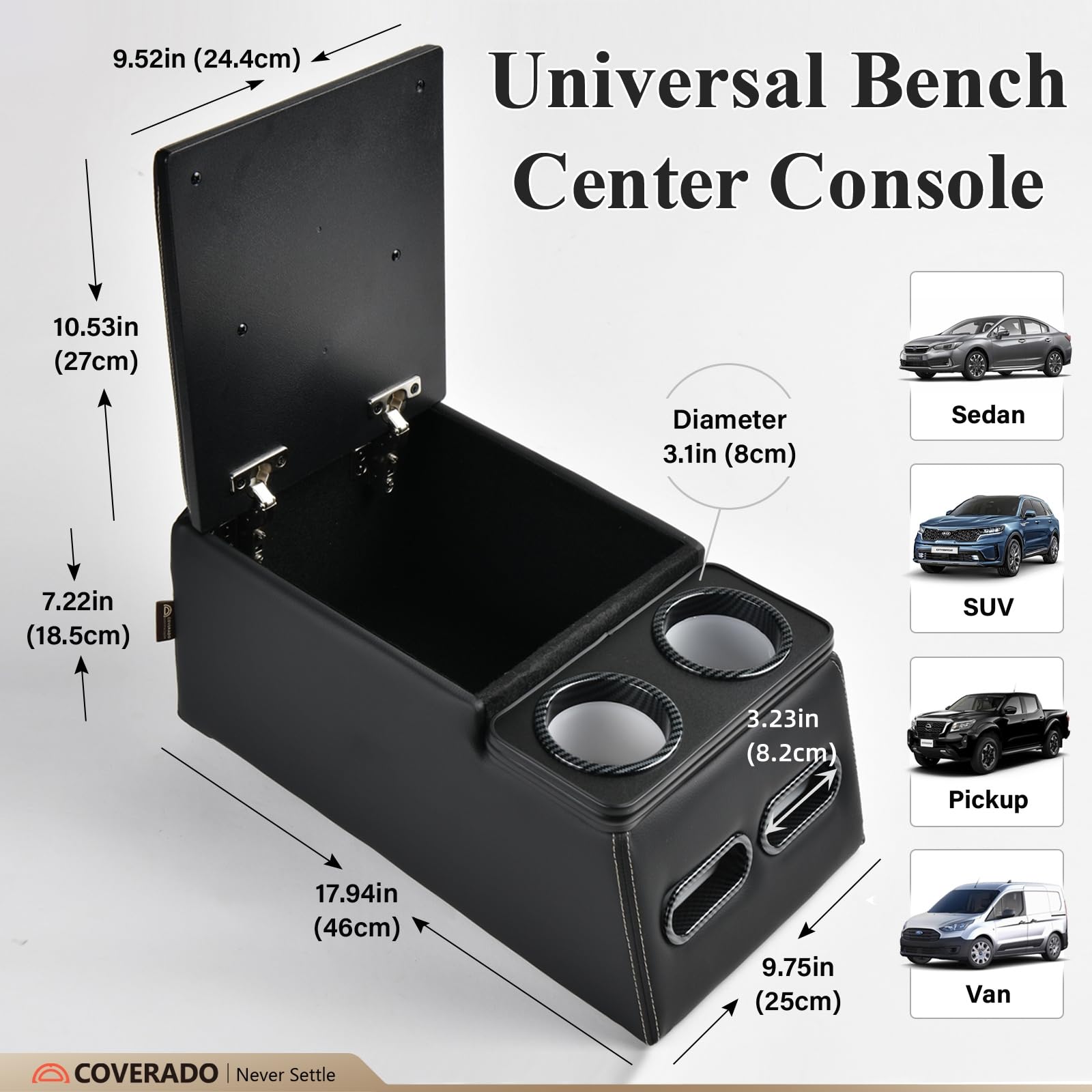 Universal Car Center Console Organizer - Rear Bench Seat Storage Box with Cup Holders & Large Compartment, Truck Seat Organizer for Cars, SUVs & Pickups | Perfect for Road Trips, Family Travel & Daily Commute (Black)