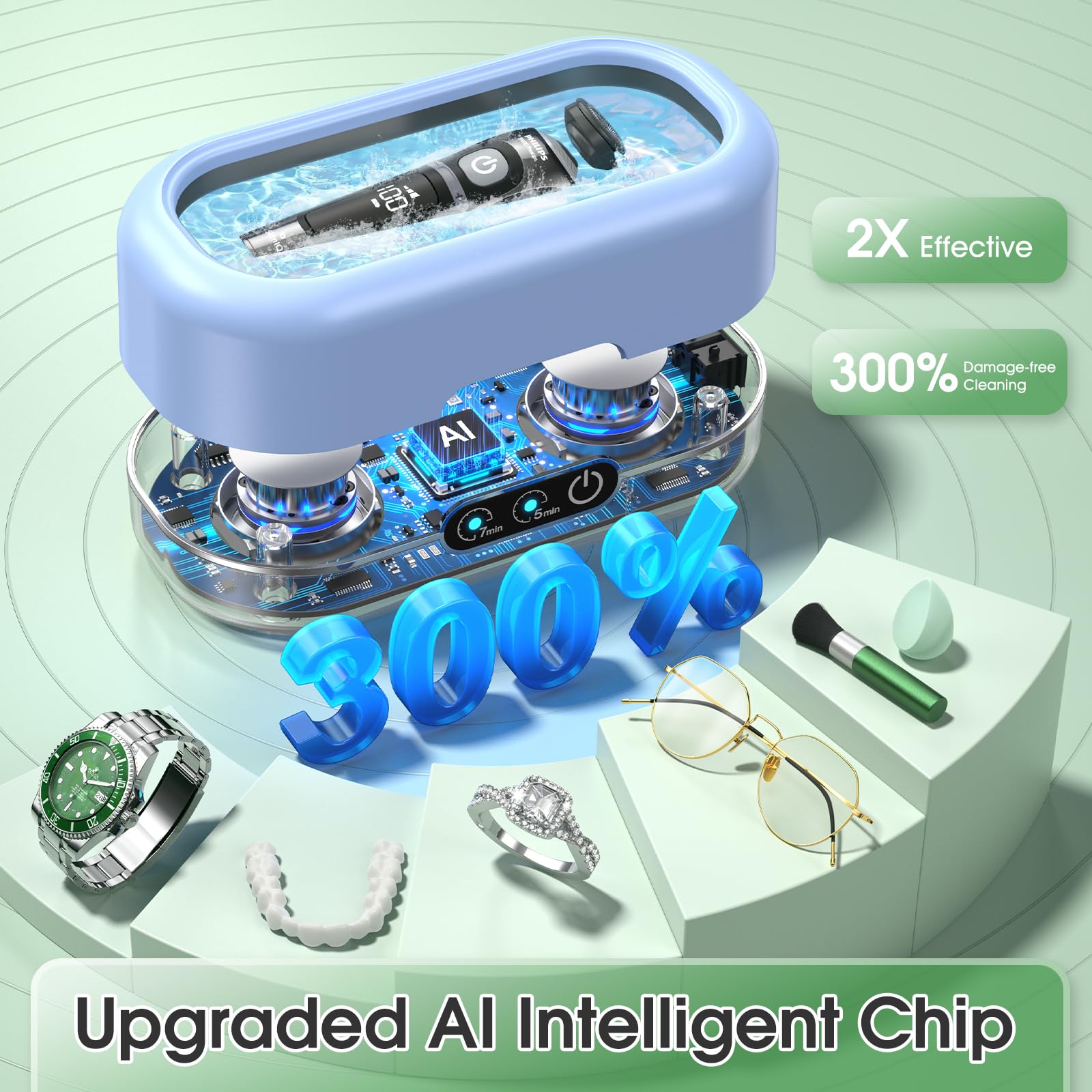 Professional 50KHz Ultrasonic Jewelry Cleaner with Digital Timer - 304 Stainless Steel Cleaning Machine for Jewelry, Eyeglasses, Rings, Watches & Dentures | Perfect for Home, Salon & Dental Care (Blue)