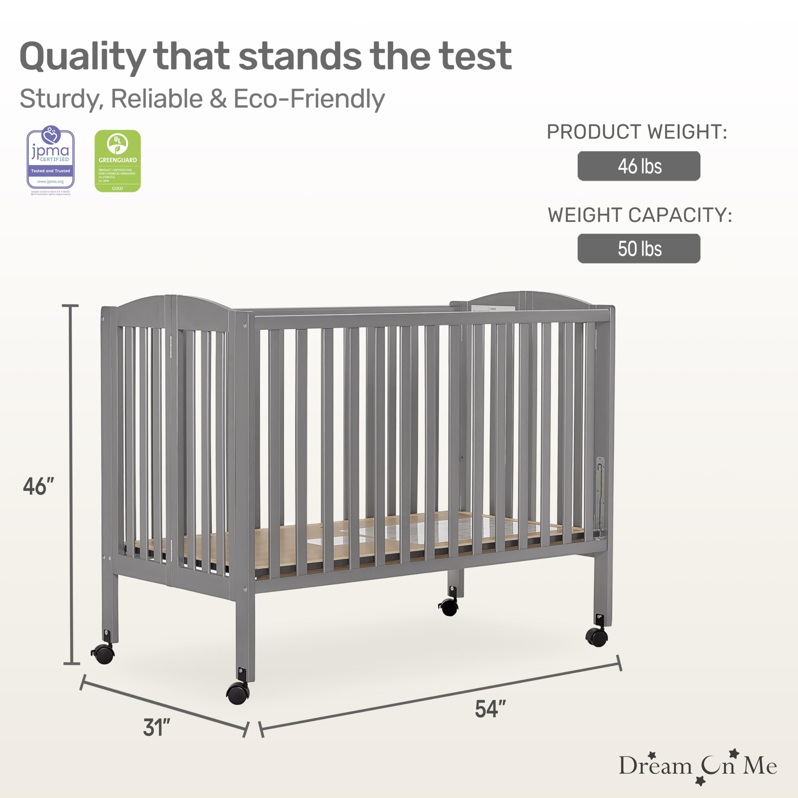 Dream On Me Full Size 2-in-1 Folding Stationary Baby Crib with Locking Wheels & Teething Guard - Steel Grey, Non-Toxic Finish, Space-Saving Foldable Design for Nursery or Travel Use