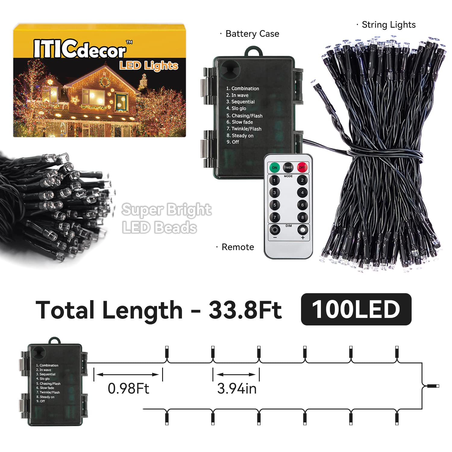 33ft 100 LED Christmas String Lights - Waterproof Battery Operated Fairy Lights with 8 Modes, Warm White Decorative Lights for Xmas Tree, Party, Garden, Indoor & Outdoor Use - Perfect for Holiday Decorations, Wedding, Bedroom, and Backyard Lighting
