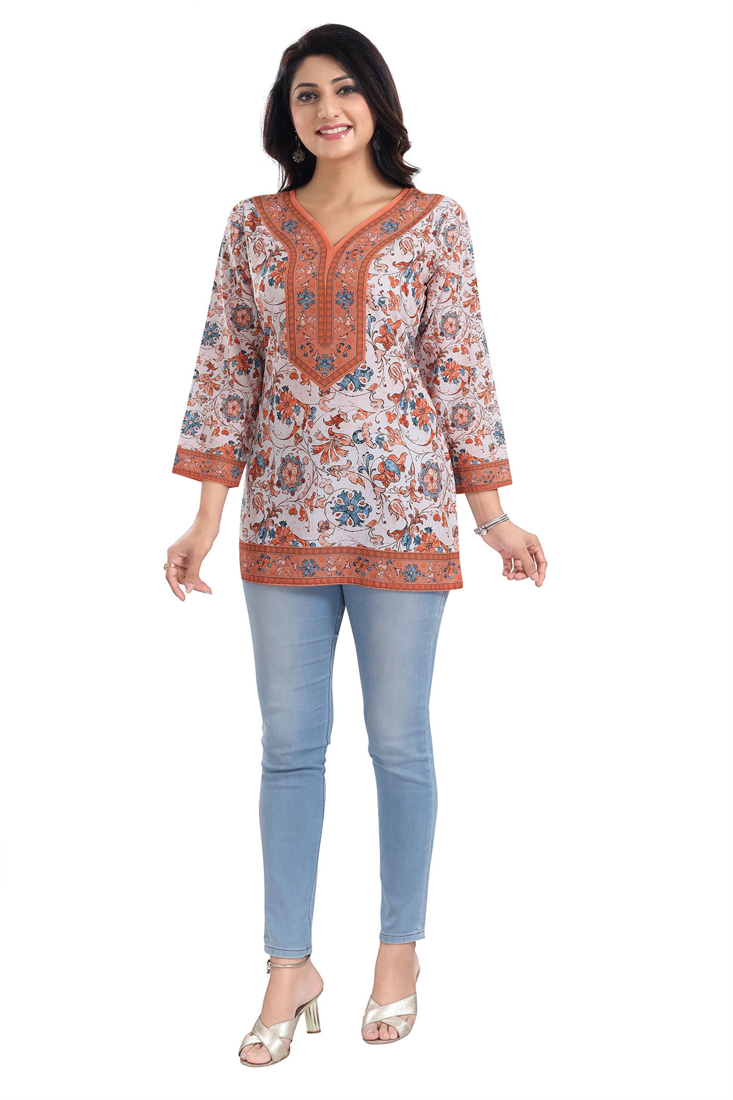 Crazy Cream Faux Crepe Short Kurti Tunic Top for Girls (K936) - Stylish Indian Ethnic Wear for Parties, Festivals & Casual Outfits