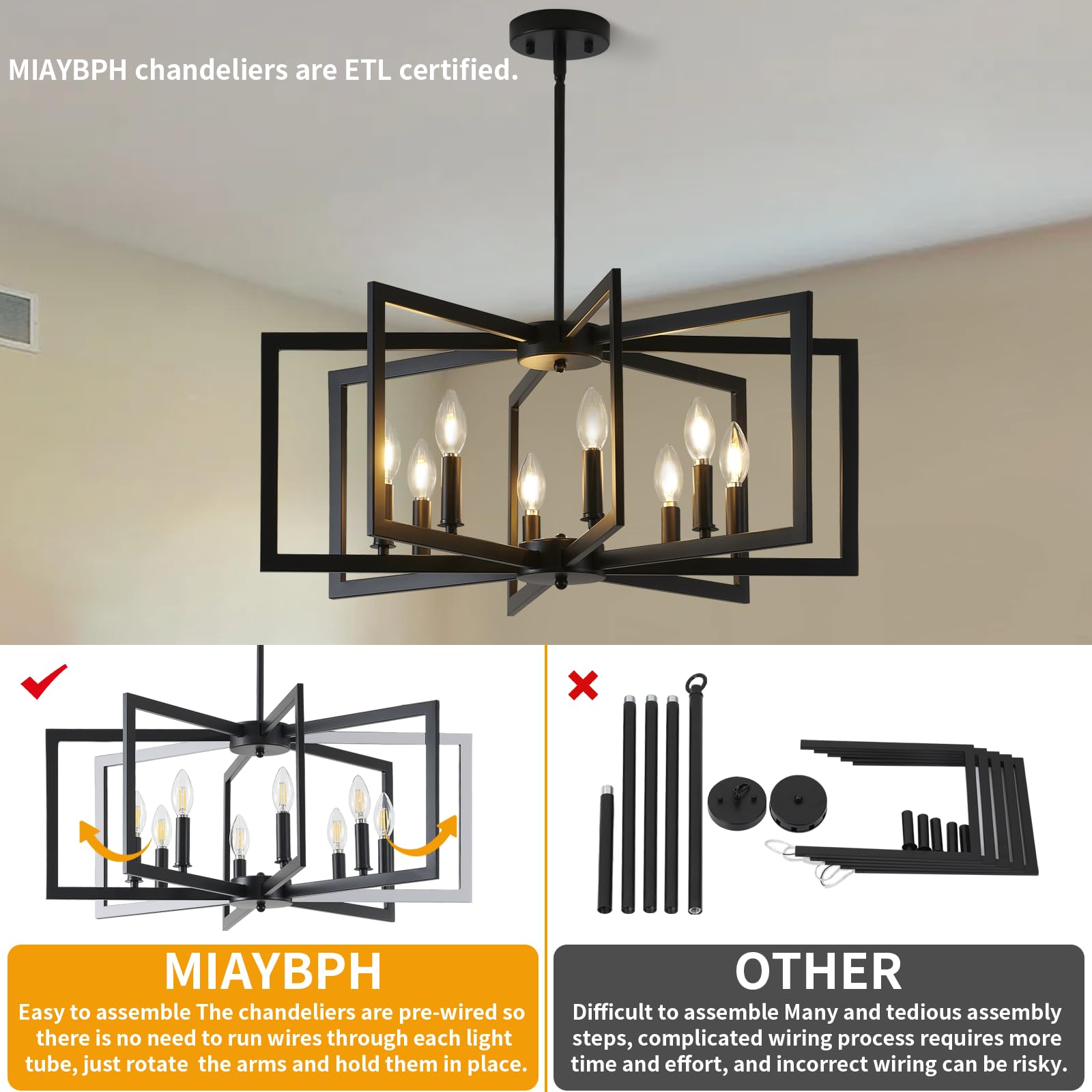 Modern Black 8-Light Chandelier - Industrial Metal Farmhouse Lighting Fixture for Dining Room, Kitchen, Entryway & Living Room | E12 Bulbs Not Included | Perfect for Rustic Home Decor & Open Concept Spaces