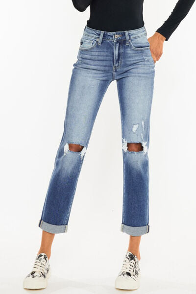 Kancan Women's High Waist Distressed Hem Cropped Straight Jeans - Trendy Denim Pants for Casual Outfits, Street Style & Everyday Wear