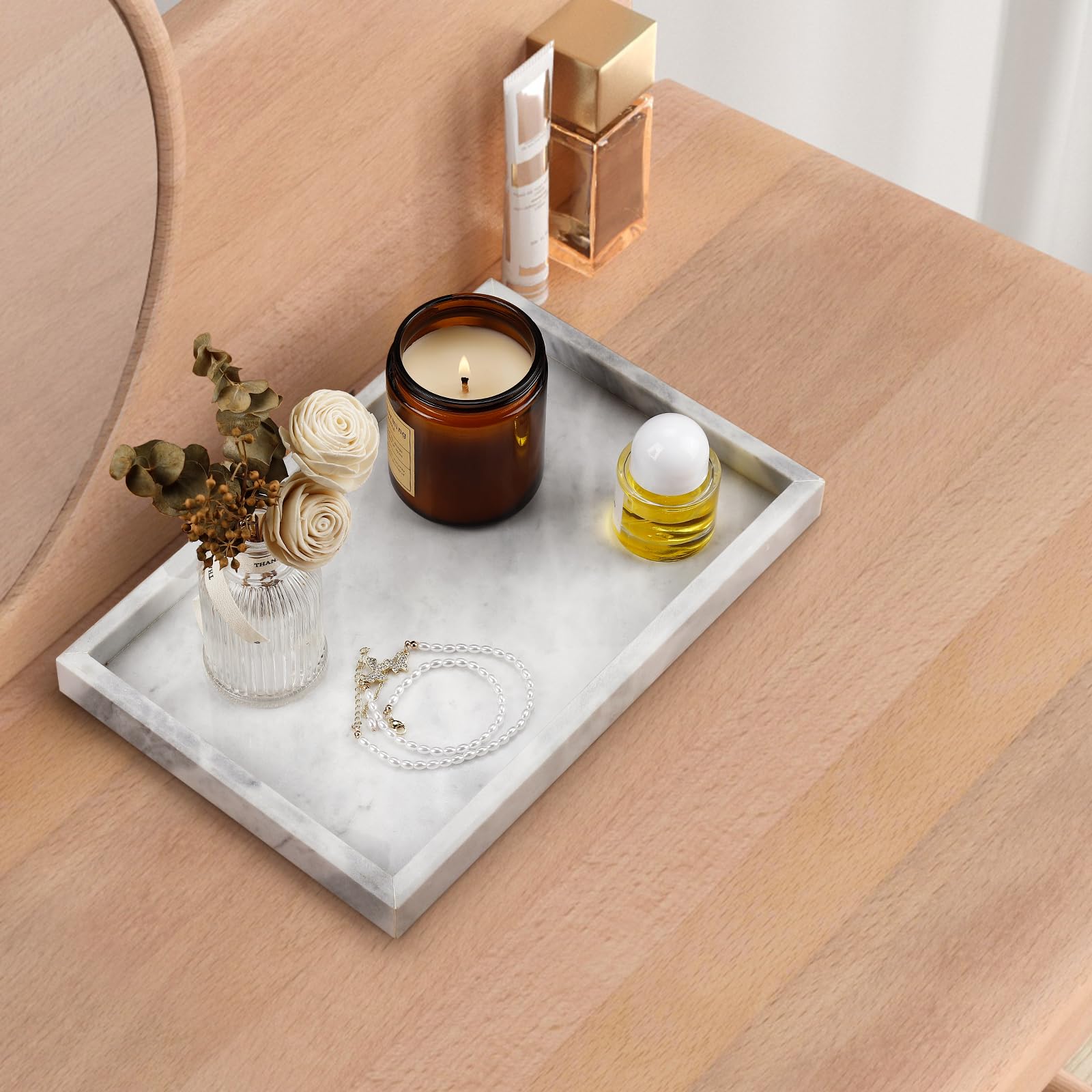 Premium Natural Marble Tray for Jewelry, Cosmetics & Home Decor - Elegant Rectangle Stone Tray for Bathroom, Vanity, Kitchen & Office Desk - Perfect for Organizing Candles, Perfume & Lotion Bottles