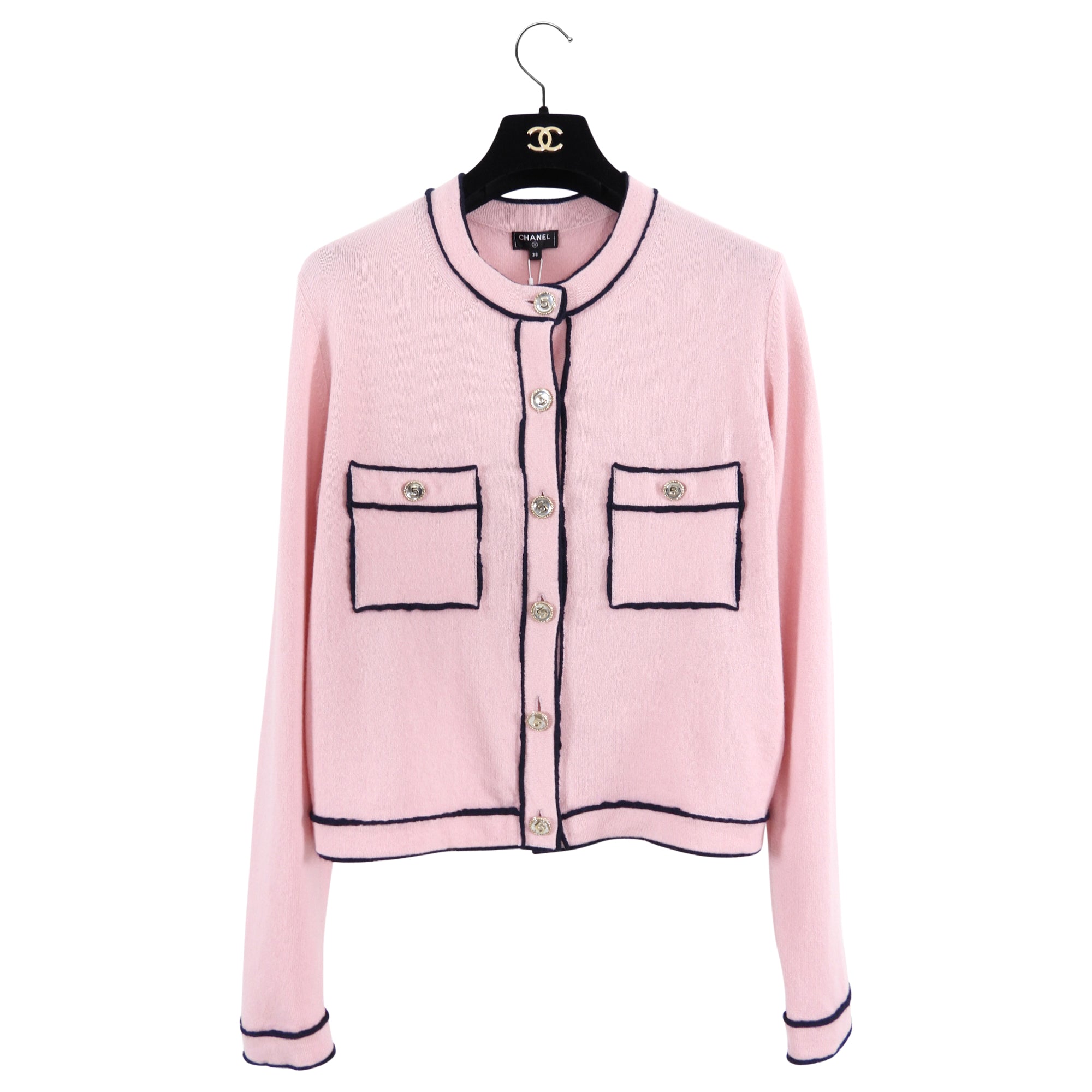 Chanel 21S Pink Cashmere Cardigan Sweater with Signature No.5 Buttons - Size FR38 / US Small - Perfect for Spring Outfits & Luxury Fashion Events