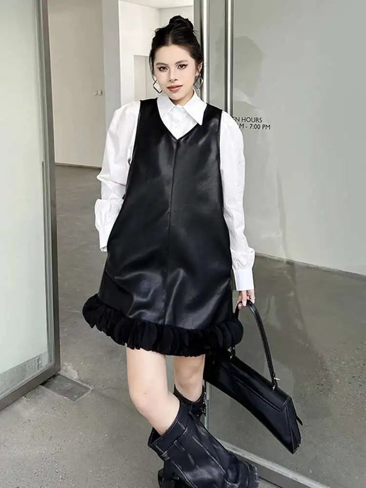 Black Leather Mesh Dress Shirt & Suit Set for Women - Fashionable Two-Piece Lapel Long Sleeve Outfit for Spring & Fall 2025 (Style 1DH9256) | Perfect for Office Wear, Evening Events & Special Occasions