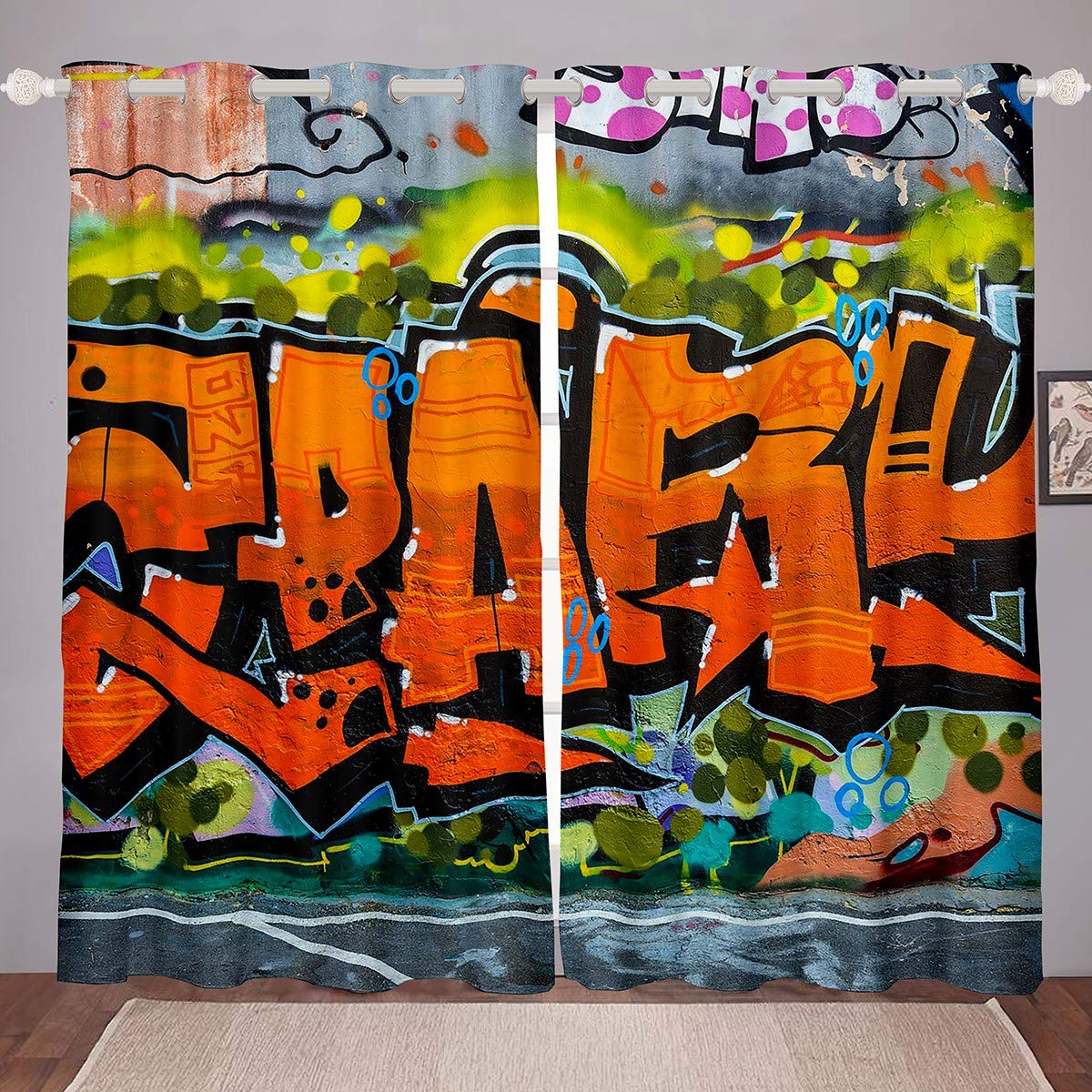 Hip Hop Graffiti Blackout Curtains for Bedroom - Colorful Street Art Window Drapes (2 Panels, 38x45 Inches) - Perfect for Teen Rooms, Urban Decor & Music Lover Bedroom Design