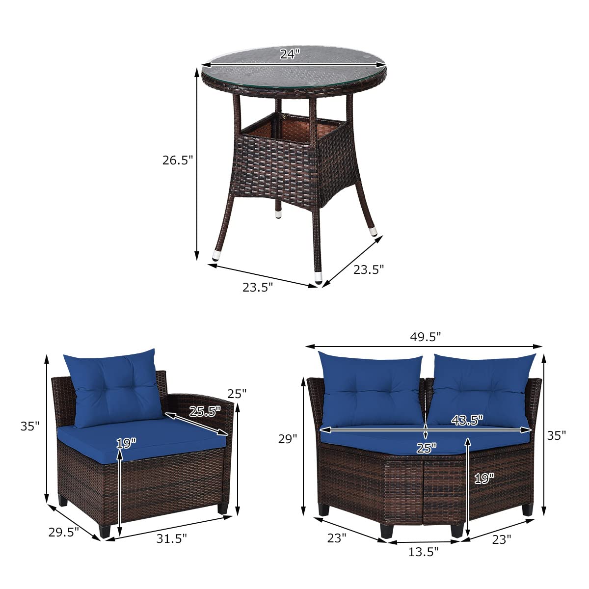 Tangkula 4-Piece Outdoor Patio Furniture Set - Modern C-Shape Wicker Sectional Sofa with Cushions & Glass Coffee Table, Water-Resistant Rattan Deck Set for Garden, Poolside, Balcony, Backyard (Navy Blue) | Perfect for Outdoor Relaxation & Entertaining