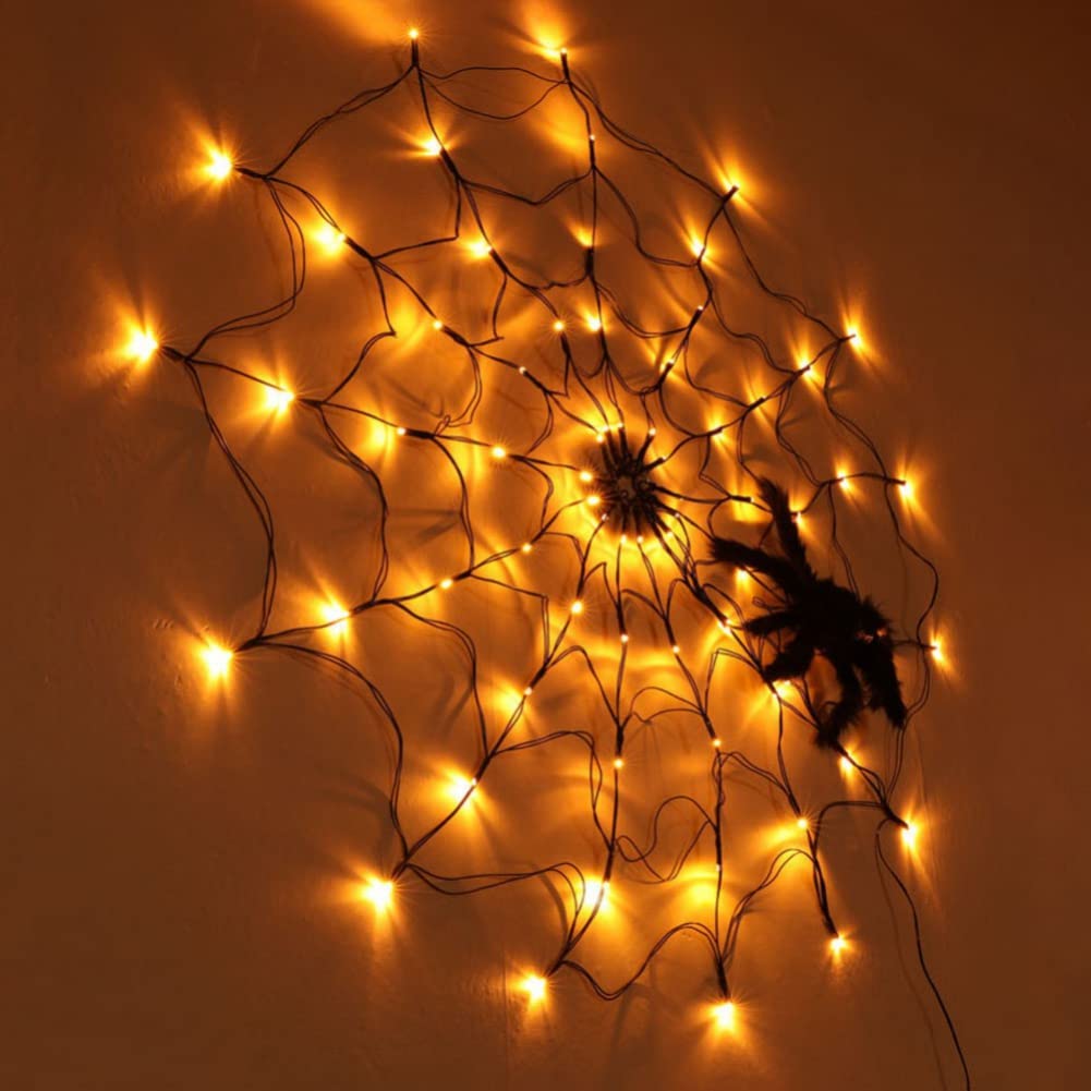 Ochine Giant Spider Web LED Halloween Lights - Waterproof Orange Net Lights with Black Spider for Indoor & Outdoor Decor - Perfect for House, Yard, Garden Halloween Party & Haunted House Scenes