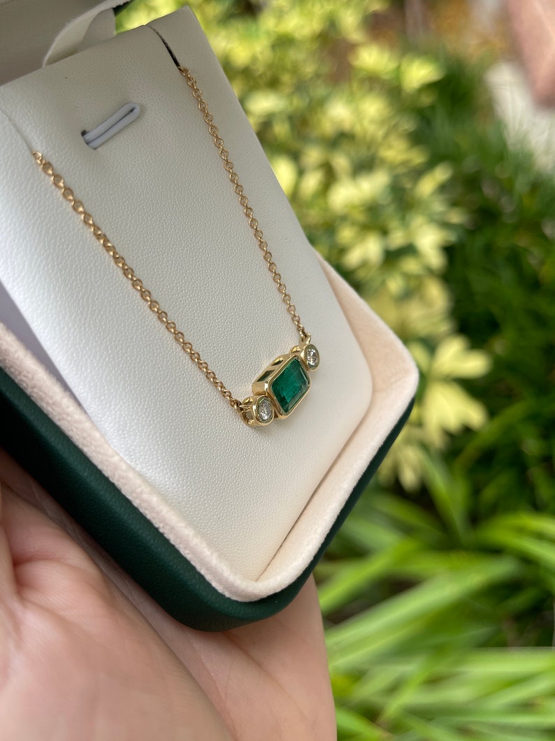 2.77tcw 14K Gold East West Emerald & Diamond Bezel Necklace - Elegant Three Stone Jewelry for Women, Perfect for Anniversary Gifts, Date Nights & Special Occasions