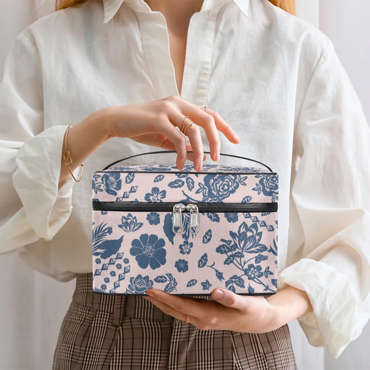 Portable Large Capacity Makeup Travel Bag Organizer for Women - Lightweight Cosmetic Storage Case with Handle, Toiletry Brush Zipper Pouch - Abstract Floral Design | Perfect for Travel, Gym & Daily Organization