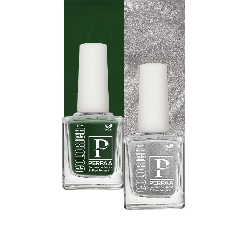 PERPAA Vegan Nail Polish Set - Quick Dry, Glossy Finish, Non-Toxic & Cruelty-Free - 2 Colors (Texture Silver & Army Green) 10ml Each - Perfect for Nail Art, Manicures, and Gift Giving