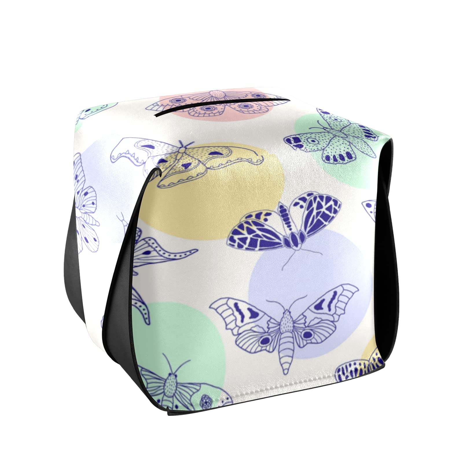 Butterfly Moth Pattern PU Leather Tissue Box Cover with Handle - Decorative Rectangular Tissue Holder for Bedroom, Bathroom, Living Room | Home Decor & Gift Idea