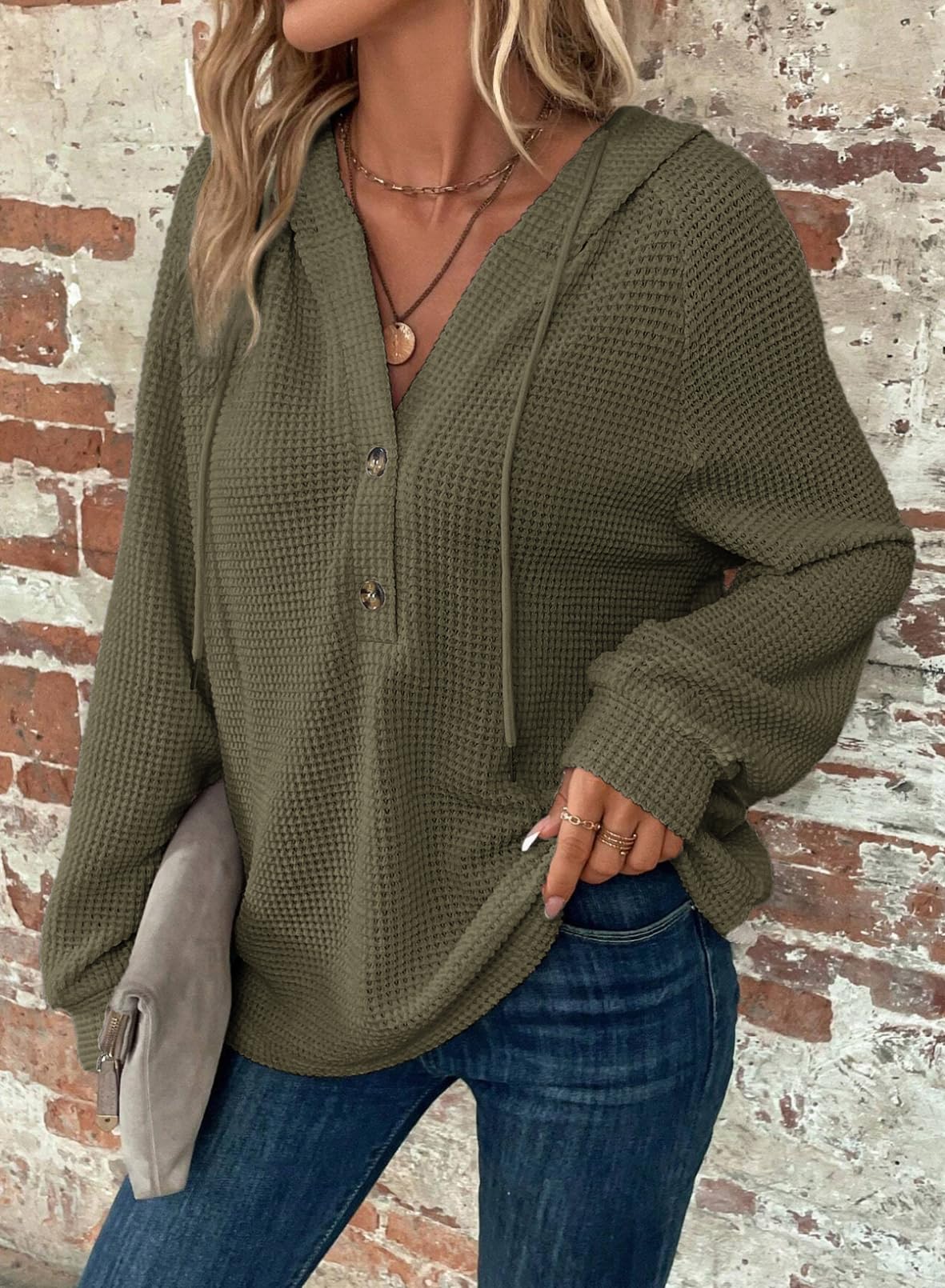 Dokotoo Women's Waffle Knit Hoodie - Long Sleeve Button V-Neck Pullover Sweatshirt with Drawstring | Casual Loungewear for Fall & Winter | Perfect for Coffee Dates, Errands, and Cozy Evenings