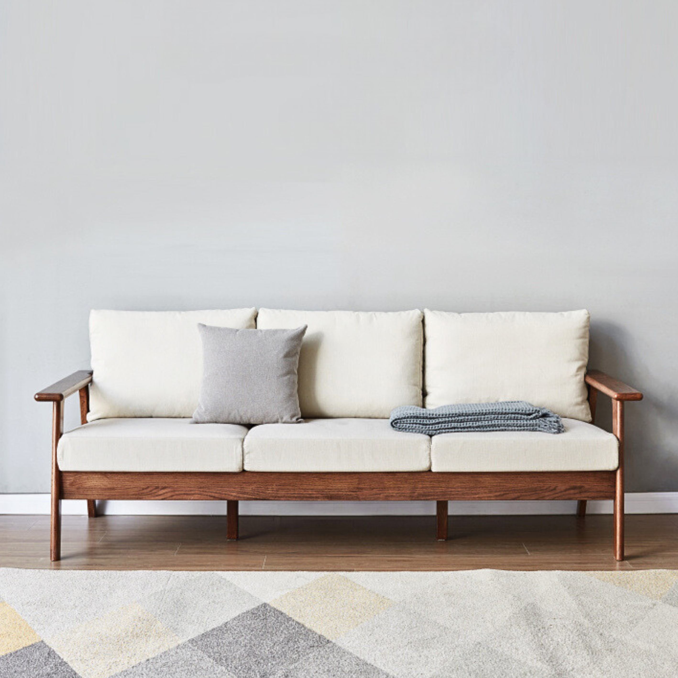 Premium Oak Solid Wood Sofa with Soft Fabric Cushions - Durable Modern Living Room Furniture for Home & Office Comfort