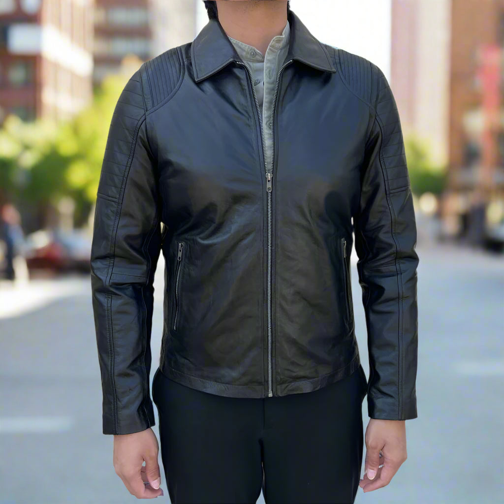 Men's Classic Quilted Shoulder Sheep Leather Jacket with 2 Pockets - Warm Winter Outerwear for Casual & Motorcycle Riding