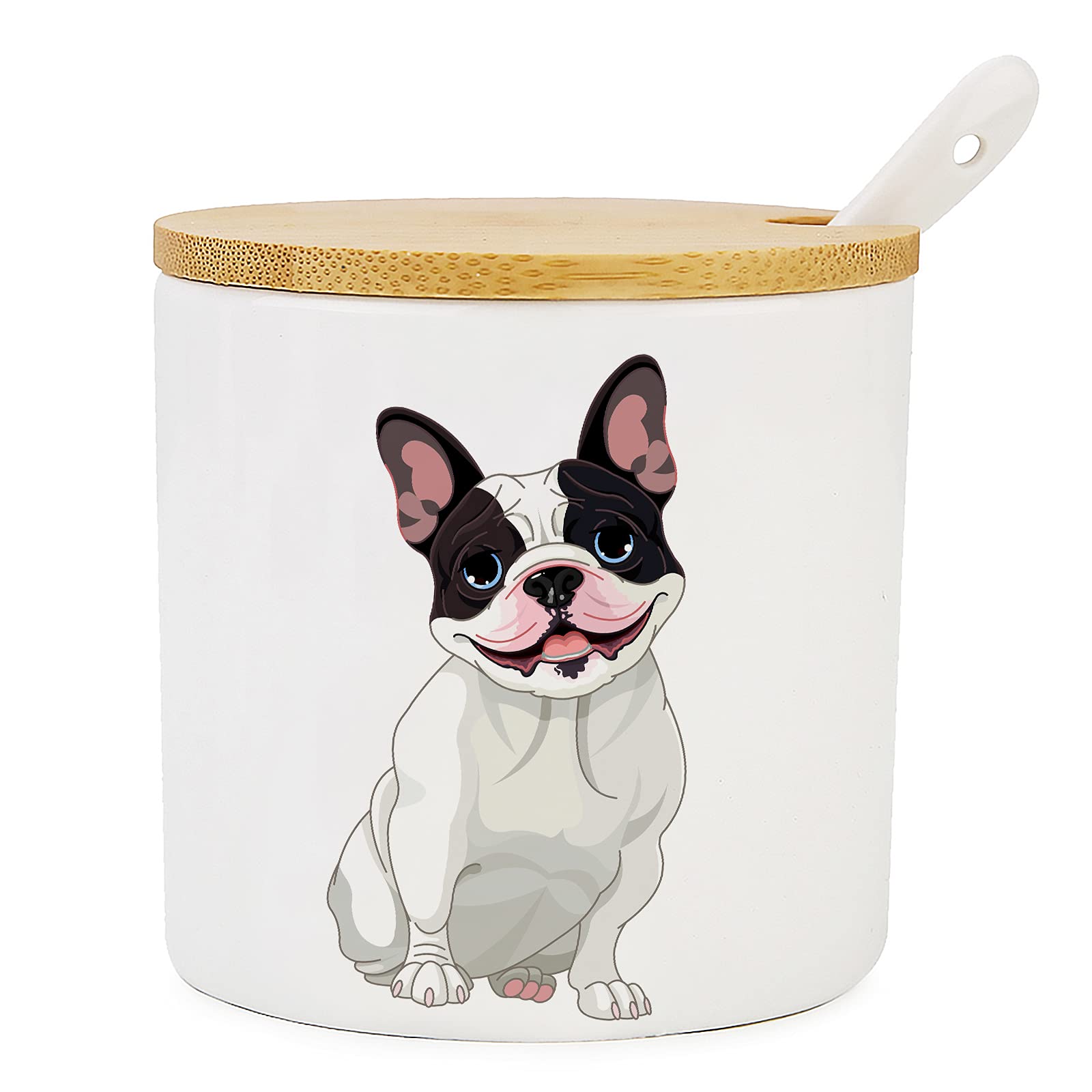 Ceramic Sugar Bowl with Wooden Lid & Stainless Steel Spoon - 9oz/266ml Dog Pattern Porcelain Sugar Container - Perfect for Coffee, Tea, Baking & Home Decor - Ideal Gift for Dog Lovers & Pet Owners