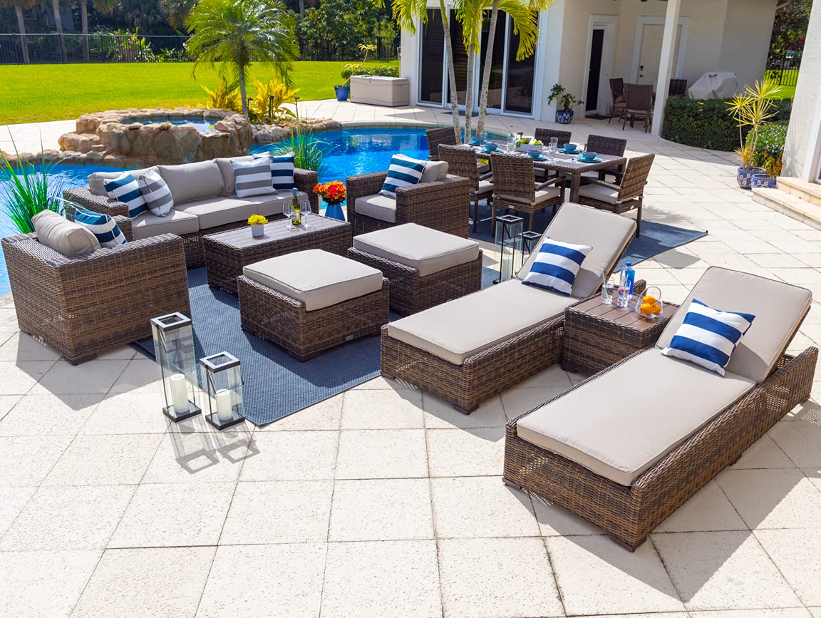 Premium 16-Piece Brown & Light Gray Resin Wicker Patio Furniture Set - AKOYA Outdoor Essentials Tuscany Collection for Garden, Poolside & Backyard Relaxation