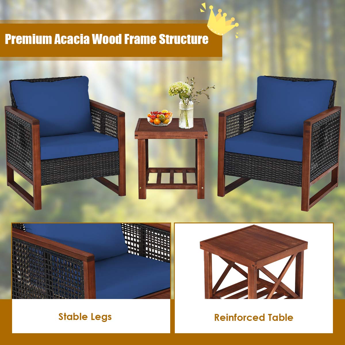 HAPPYGRILL 3-Piece Outdoor Patio Furniture Set - Wicker Chairs with Coffee Table, Acacia Wood Frame & Washable Cushions - Perfect for Garden, Poolside, Backyard, Balcony & Porch Relaxation