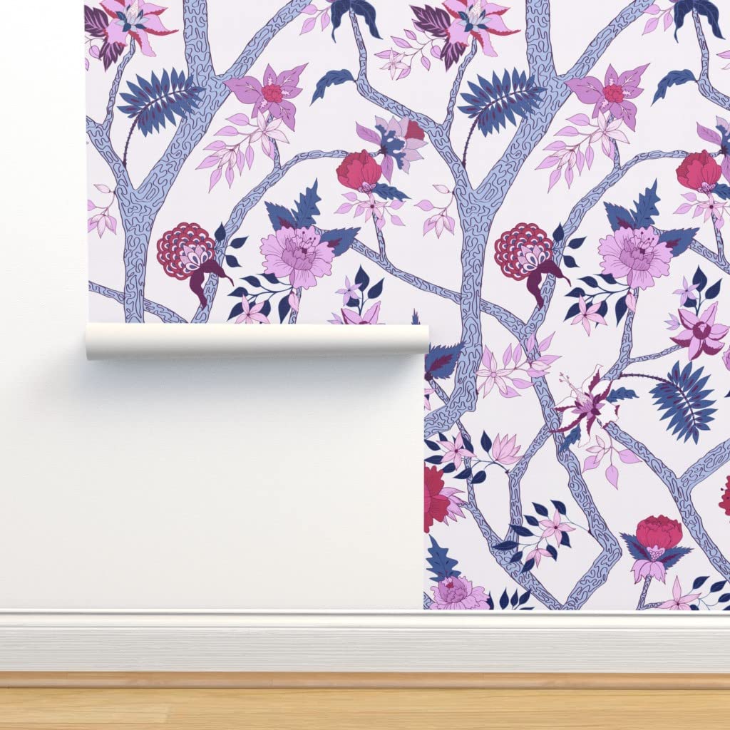 Commercial Grade Wallpaper Swatch - Navy Purple Chinoiserie Floral with Red Peonies, Traditional Chinese Style Wallpaper by Spoonflower | Perfect for Living Room, Bedroom, and Office Decor