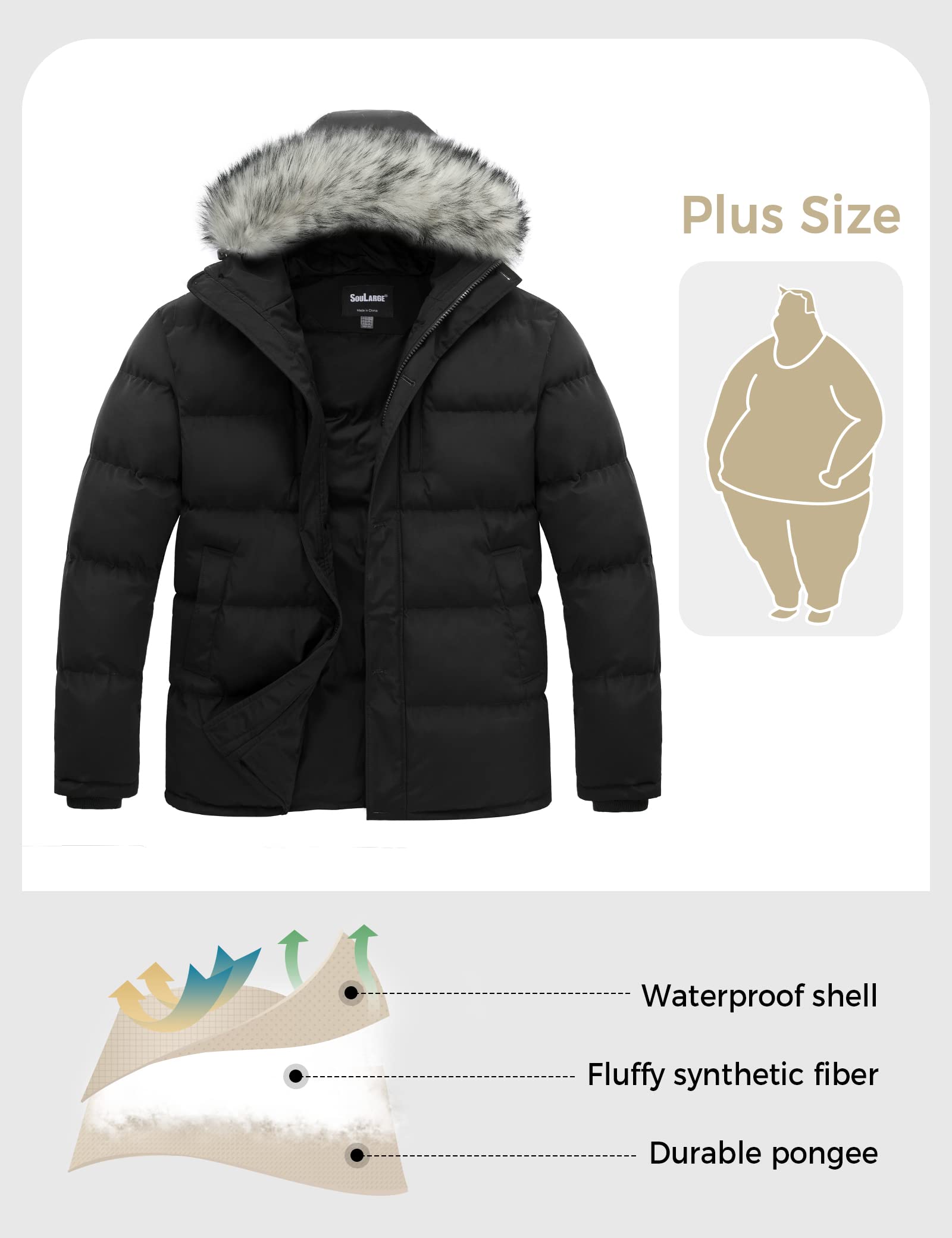 Soularge Men's Big and Tall Thick Padded Winter Parka Coat with Removable Hood - Warm Windproof Jacket for Outdoor Activities, Snow Sports, and Cold Weather Protection