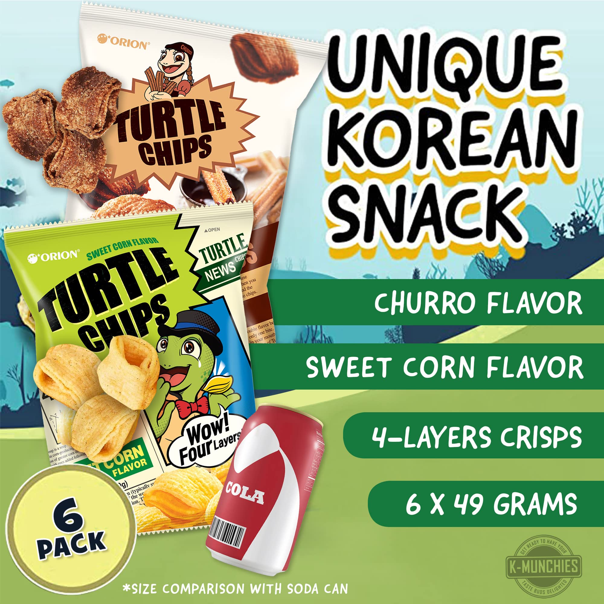 K-Munchies Orion Turtle Chips - 6 Pack Variety Snack (Churro & Sweet Corn) - 49g Each - Korean Crispy Corn Snacks - Perfect for Lunch Box, Office Snacks & On-The-Go Treats