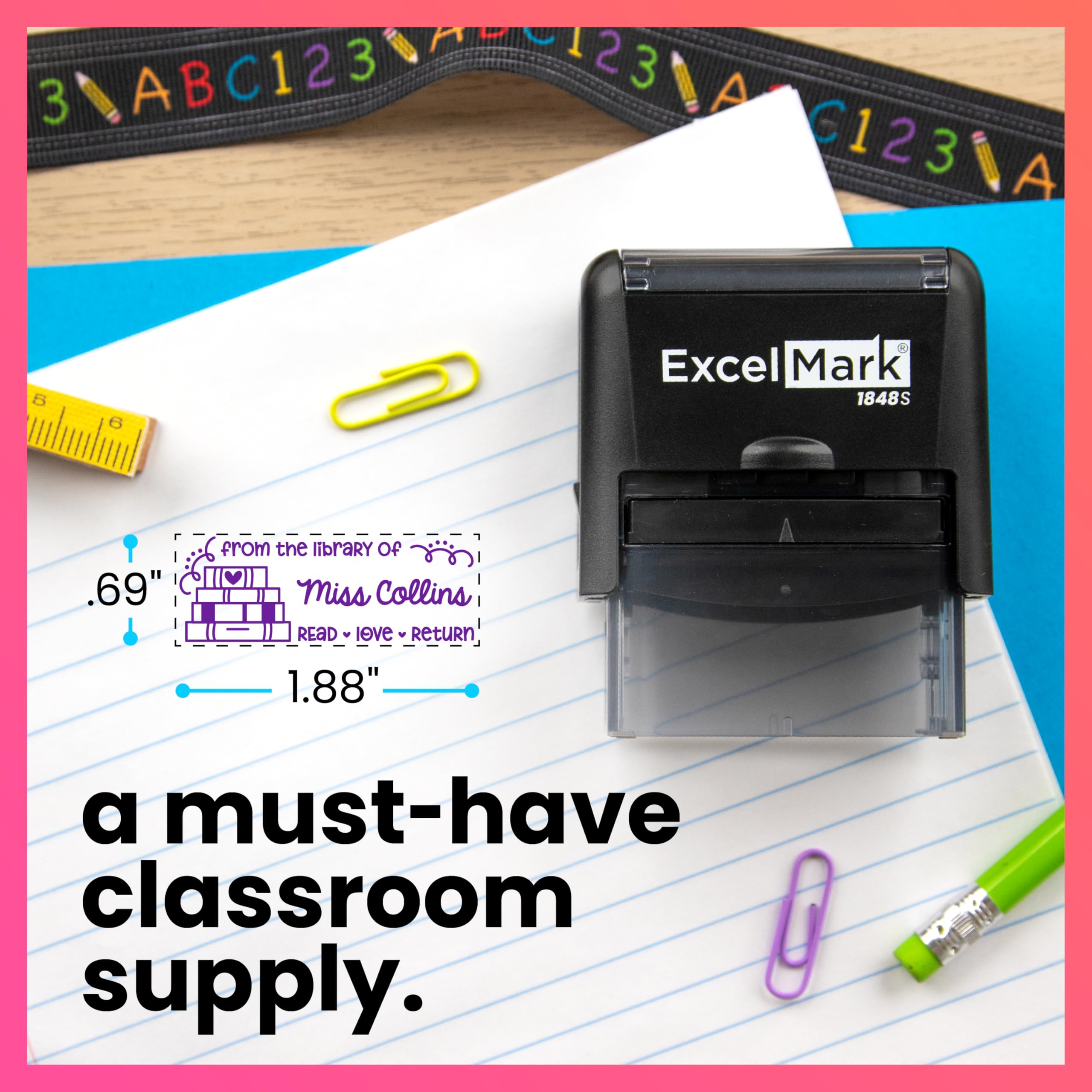 ExcelMark Personalized Teacher Stamp - Custom Self-Inking Book Stamp for Teachers - 11 Vibrant Colors (Medium) - Perfect for Grading Papers, Classroom Rewards & Student Encouragement